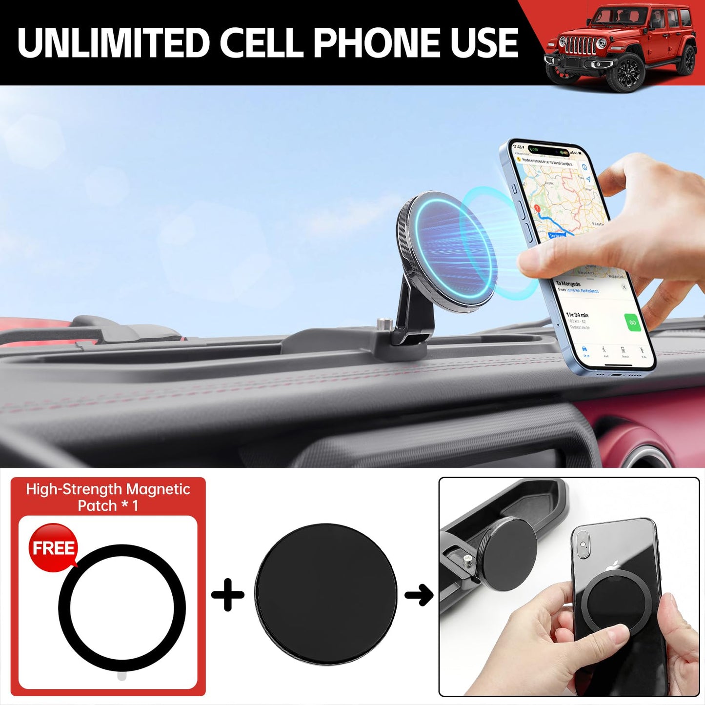 Utiiy Magnetic Phone Mount Holder Fit for 2018-2023 Jeep Wrangler JL JLU&Gladiator JT Car Dashboard Multi-Mount Phone Holder Dash Tray for 2023 Jeep JL/JT Accessories(2018-2023 4X4, Not for 4XE)