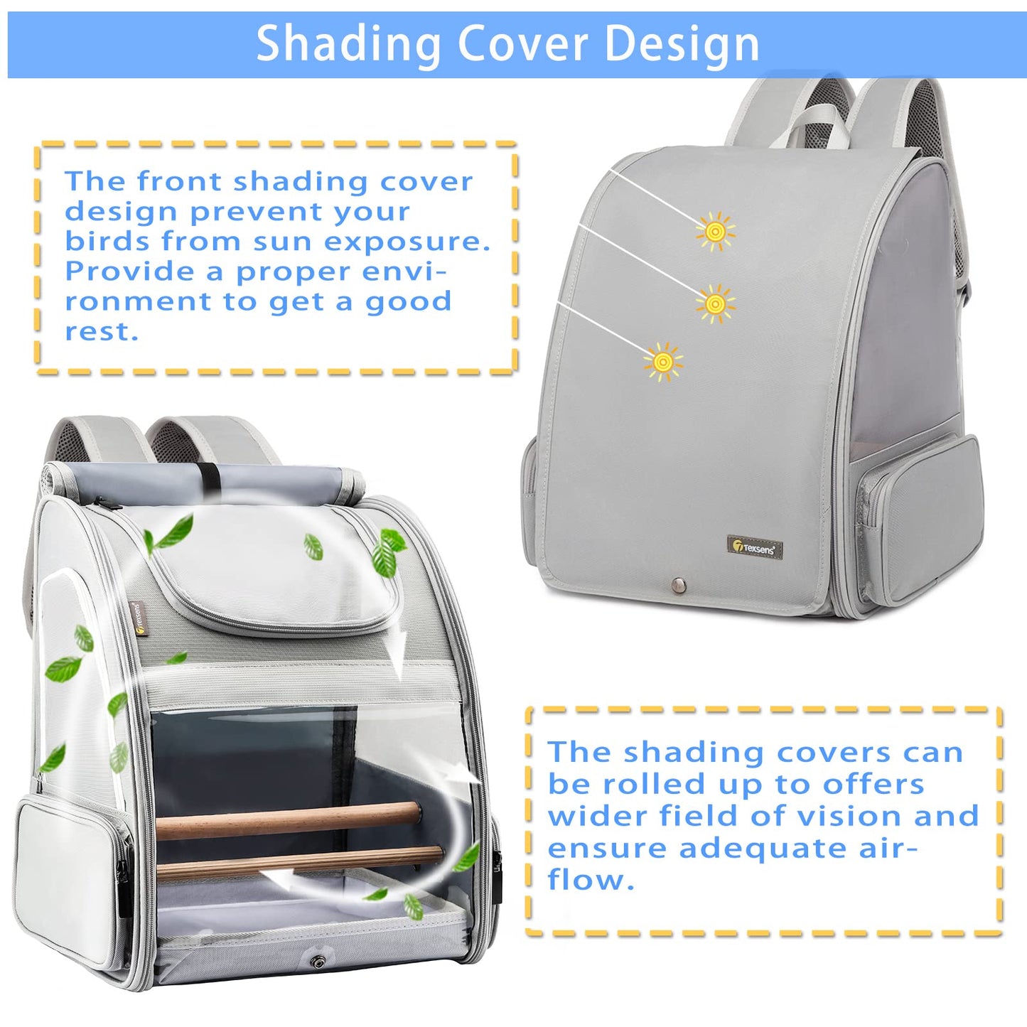 Texsens Bird Carrier Backpack - Pet Travel Cage with Upgraded Tray and Standing Perch, Breathable & Portable, for Small Birds, Green Cheek, Cockatiel, Parrot (Grey)