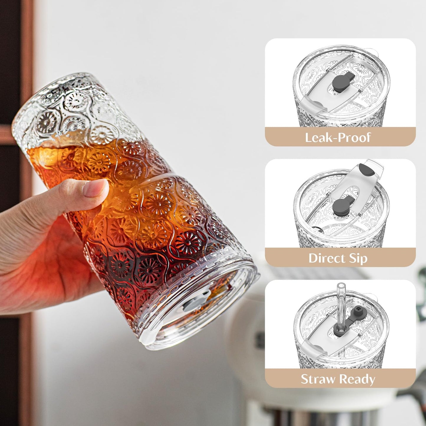 INSETLAN 20oz Begonia Flower Glass Tumbler Set of 4 – Thickened Glass Cups with Lids and Glass Straws for Iced Coffee, Smoothies, Milk, Water, and More – Elegant& Durable Drinkware