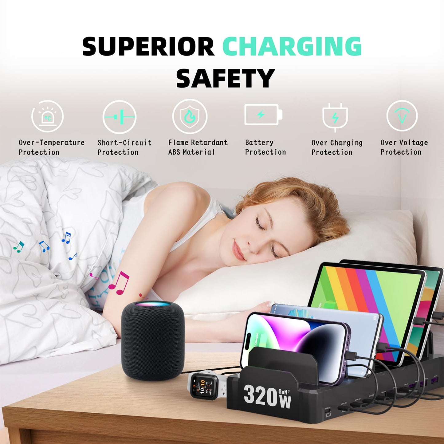 320W Charging Station for Multiple Devices, Zobirez 10-Port USB C Fast Charger Stations for MacBook, iPhone, Android Cell Phone, iPad, Tablet, Family Multi-Device Organizer Charging Dock, Black