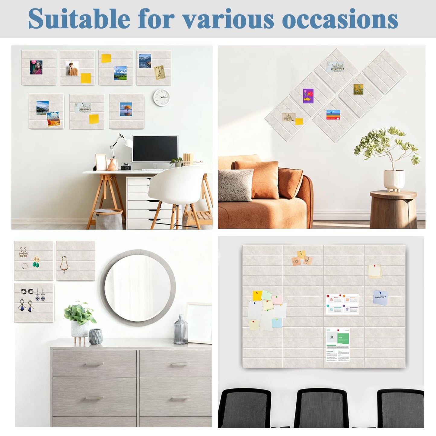 Large Cork Board for Walls, 12 Packs Beige Felt Wall Tiles with 35 Pushpins, 48" X 36" Large Bulletin Board, Removable Cork Board Alternative for Home School (Beige, Square Striped-12pcs)
