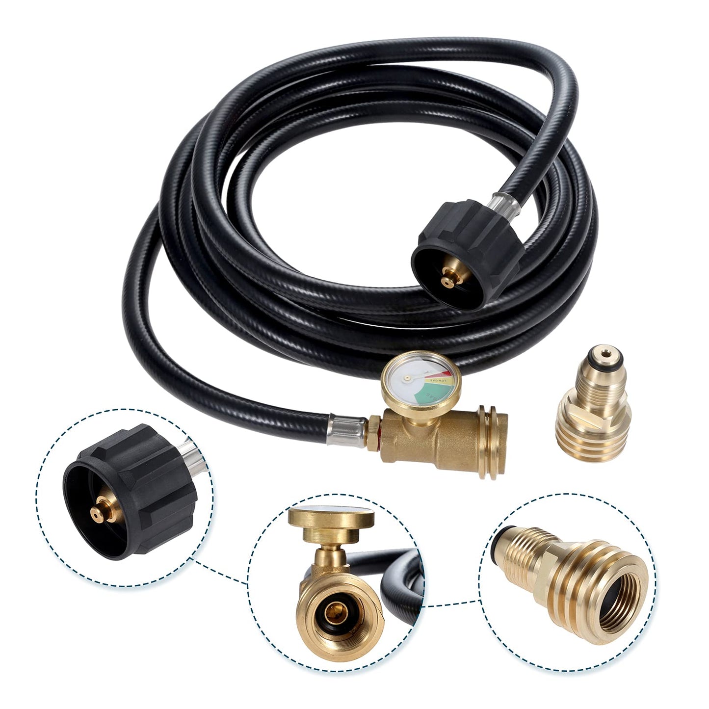 12 Feet Propane Extension Hose with Gauge, Tank Adapter Converts POL LP Tank to Male QCC1 / Type1 Fittings for RV, Stove, Gas Grill, Heater, Fire Pit, More Propane Appliances