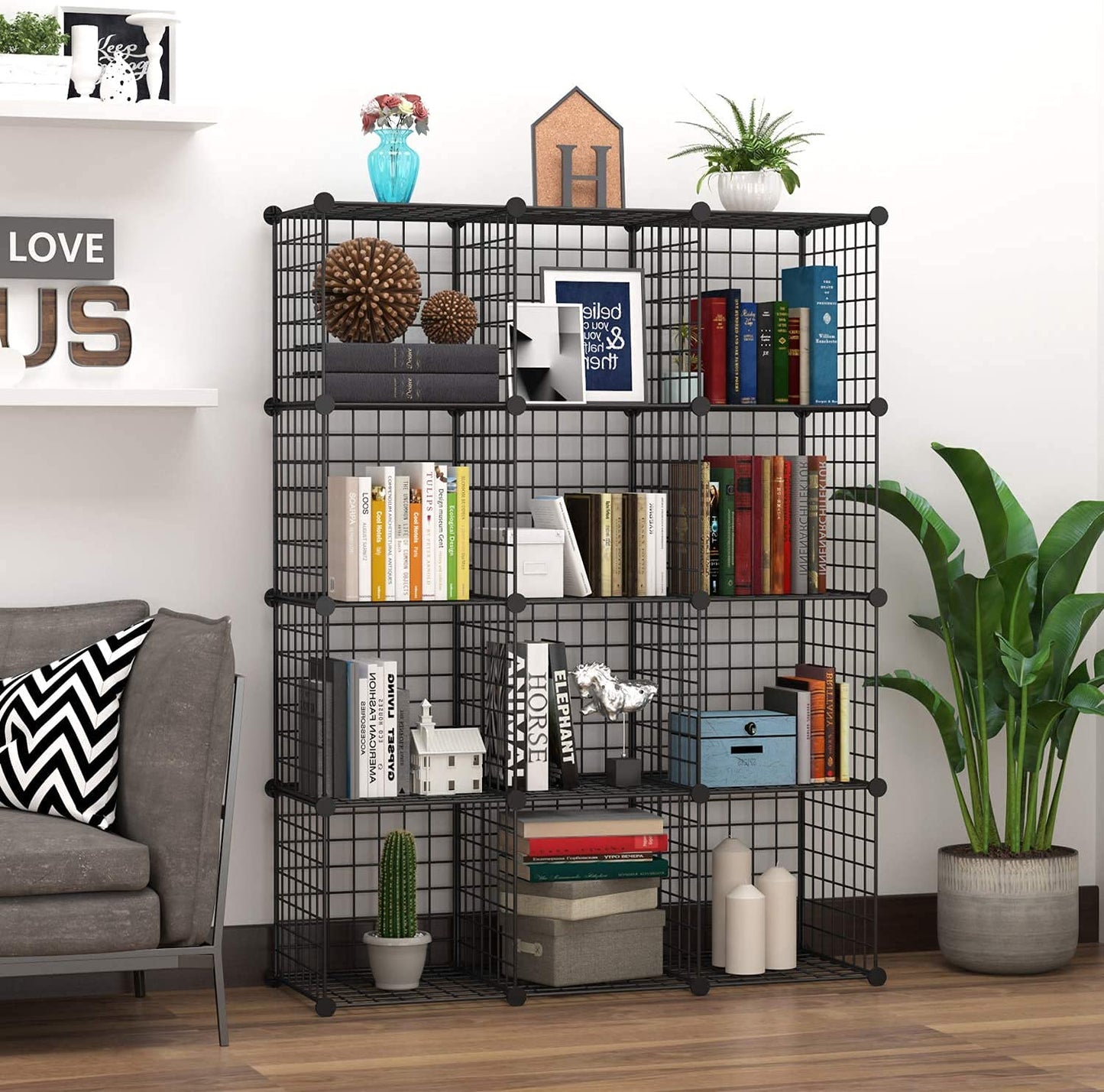 C&AHOME Wire Cube Storage, 12-Cube Storage Organizer, Metal Stackable Storage Bins, Modular Bookcase, DIY Closet Cabinet Ideal for Living Room Bedroom, Home, Office 36.6”L x 12.4”W x 48.4”H Black