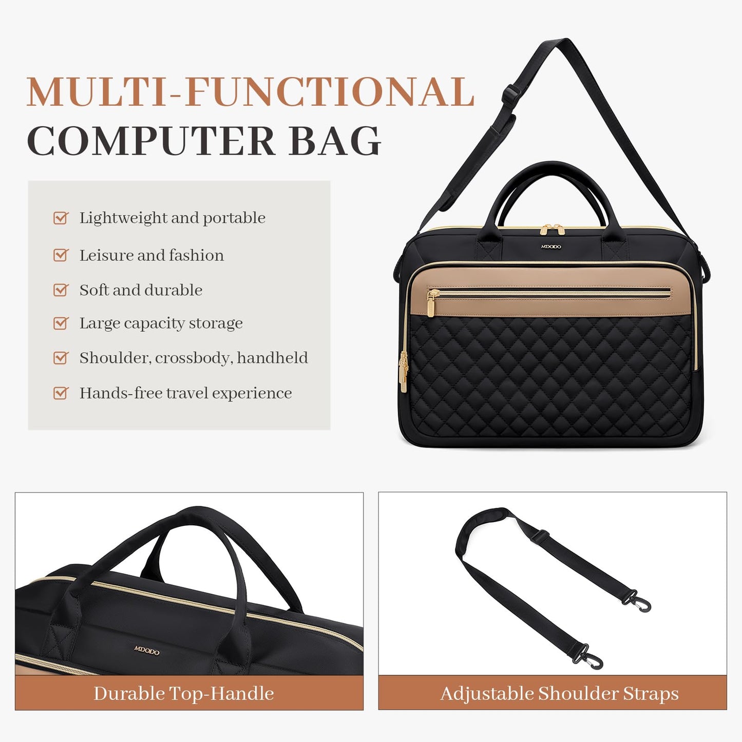 MDODO Large Laptop Bag for Women 15.6Inch Computer Briefcase Messenger Waterproof Handbag Shoulder Crossbody Work Tote Bag for Teacher Office Travel, Black