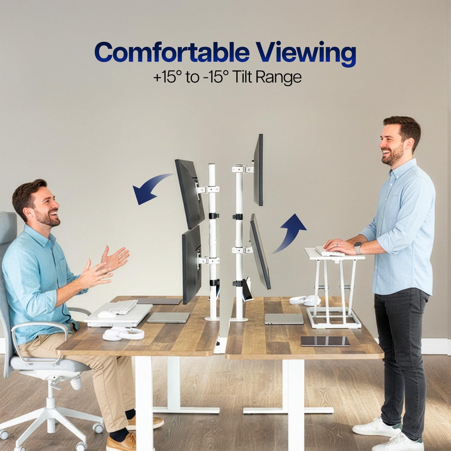 White Dual LCD Monitor Desk Mount Stand, Stacked Vertical 2 Screens up to 34"