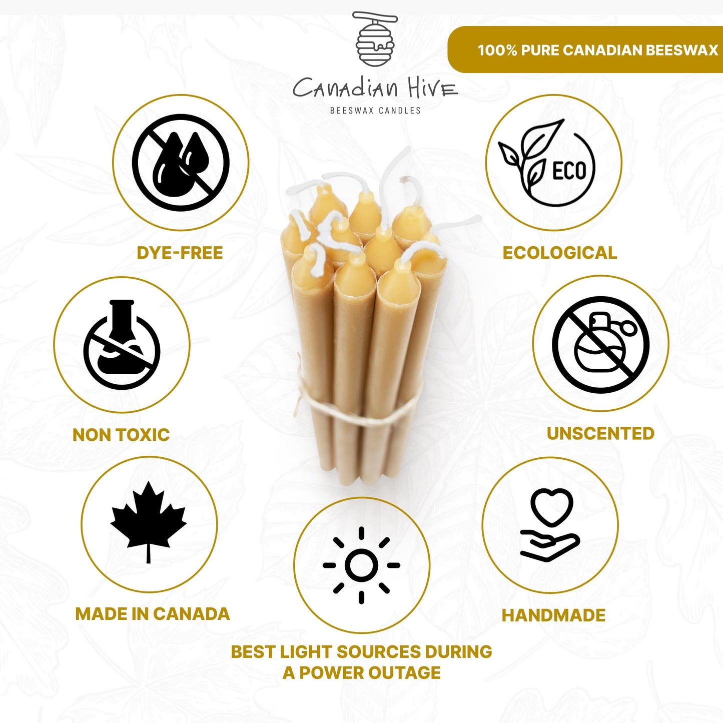 100% Pure Beeswax Candles (10 pcs, 23x1.3 cm) – Long-Burning Taper Candle Sticks, Handmade in Canada, Natural, Smokeless & No-Drip, Beeswax Candle Set - Meditation and Home Decor