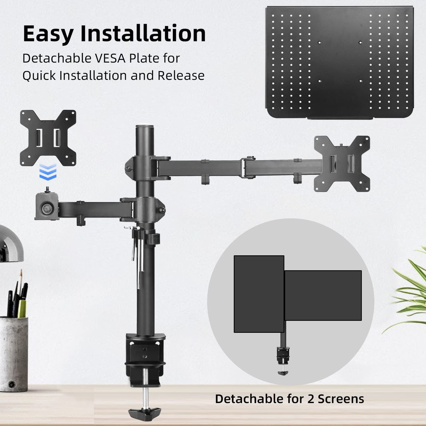 Suptek Monitor and Laptop Mount Holds 13-32 inch Computer Screen,Adjustable Monitor Arm Stand with Laptop Tray for 13-27 inch,Hold 22 lbs, with Clamp and Grommet Mounting Base