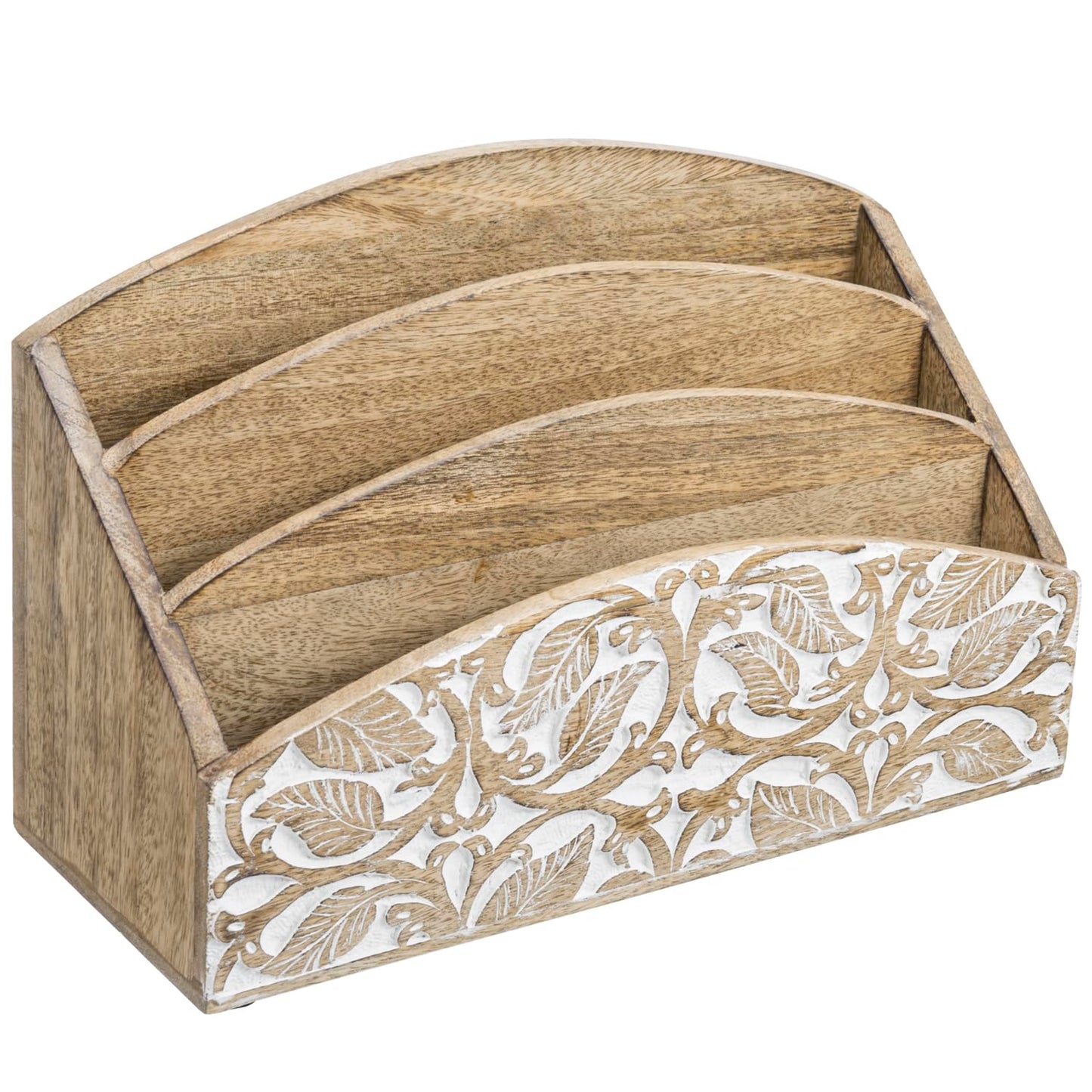 MyGift 3 Tier Rustic Solid Mango Wood Desk Mail Holder and Stationery Sorter with Hand Carved Leaf Pattern, Decorative Office Desktop Document Storage Organizer - Handcrafted in India, Small