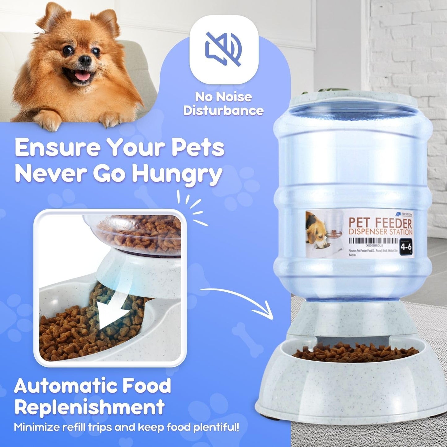 Flexzion Gravity Dog Feeder, Automatic Replenish Large Dog Food Dispenser, Non-Skid, Easy-Clean, Large Capacity Dry Food Storage Bowl for Large Pet, 1 Gallon