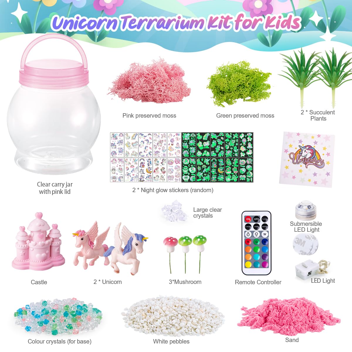 LOYO Terrarium Kit for Kids - Light Up Unicorn Toys for Girls 4 5 6 7 8+ Years Old, Christmas Birthday Gifts for Girls Kids 4-12 Years Old