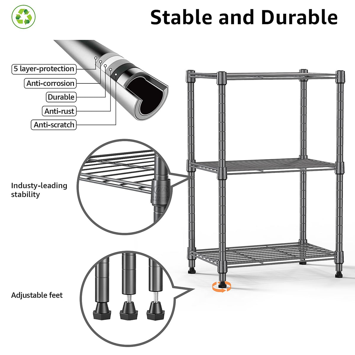 MZG 450 lbs Steel Storage Shelving 3-Tier Utility Shelving Unit Steel Organizer Wire Rack for Home,Kitchen,Office 30 D x 45 W 67 H (cm)