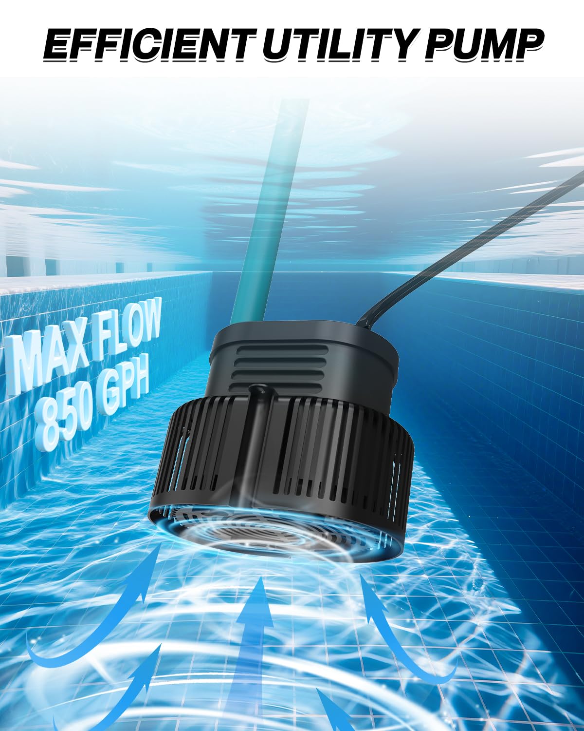 Pool Cover Pump Above Ground - Submersible Sump Pump, Swimming Water Removal Pumps, with Drainage Hose & 25 Feet Extra Long Power Cord, 850 GPH inGround, 3 Adapters Black