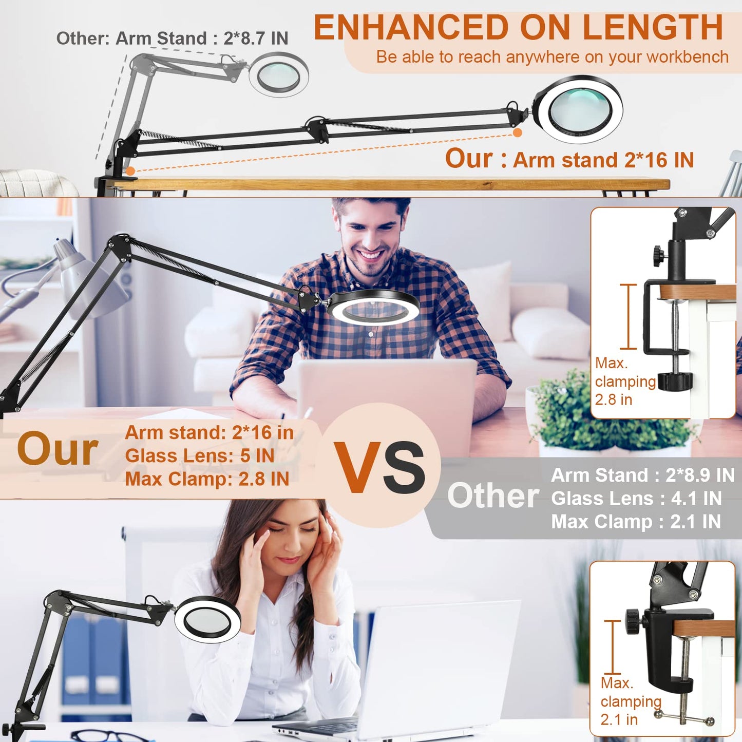 VEEMAGNI 5 Inch Large Real Glass Magnifying Glass with Light and Stand, 5 Color Modes Stepless Dimmable, 2*16 Inch Swivel Arm LED Clamp Desk Lamp, Hands Free 10X Lighted Magnifier for Close Work Craft