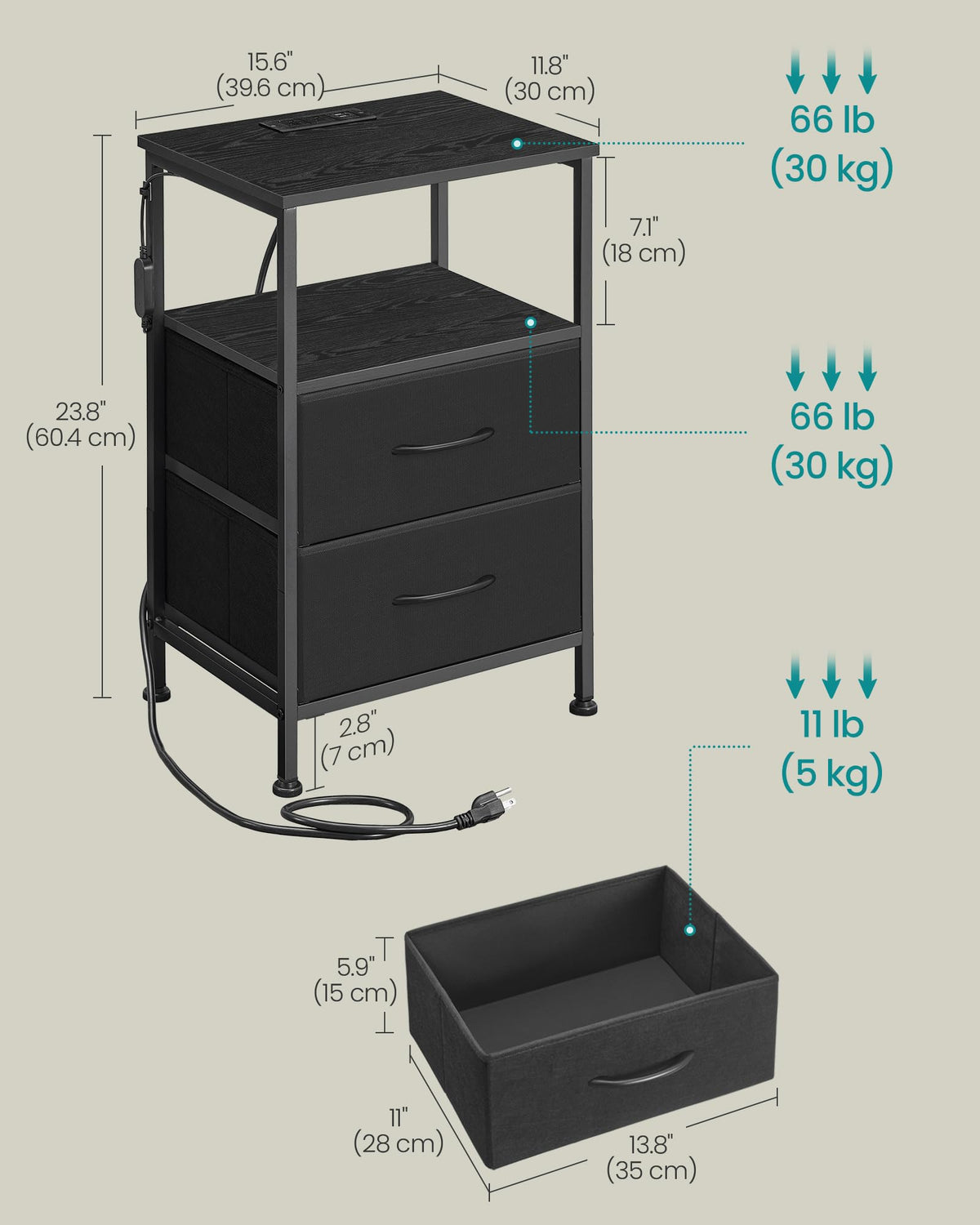 SONGMICS BELLAH Collection - Nightstand with Charging Station and APP-Controlled Adjustable LED Lights, Bed Side Table, 2 Drawers and Open Shelf, Bedroom, Ink Black and Ebony Black ULGS302BH04