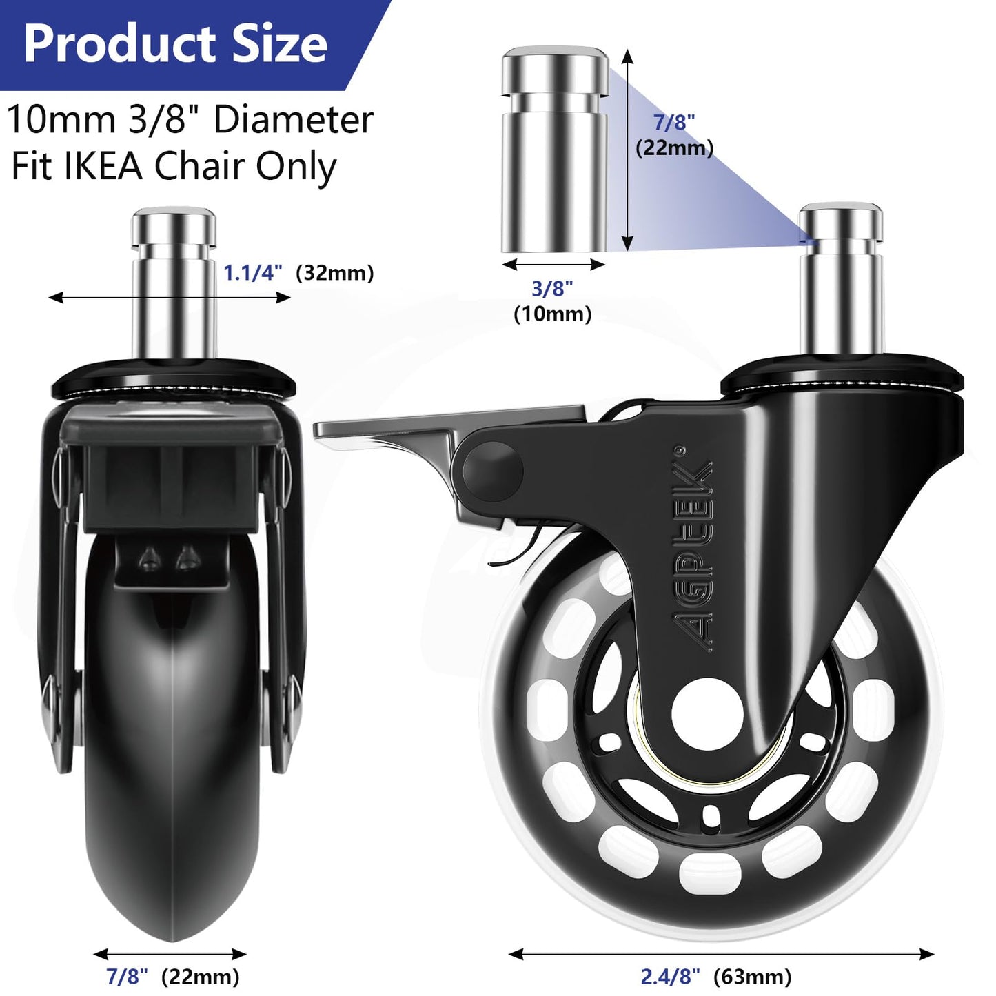 AGPTEK Set of 5-Office Chair Caster Wheels with Brakes, Quiet Office Chair Wheels Replacement with Locks (10x22mm) for Hardwood Floors and Carpet, No Noise, Heavy Duty Game Chair casters