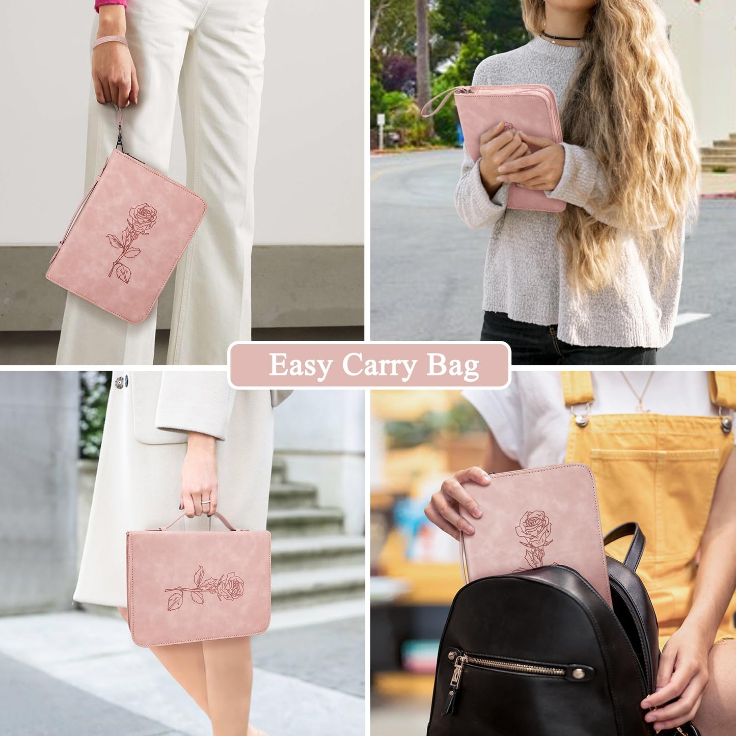 CITYCHASE Bible Cover for Women - Leather Study Case with Bookmark, Supplies Carrying Bag Tote with Strap, Personalized Book Organizer for Journaling - Pink