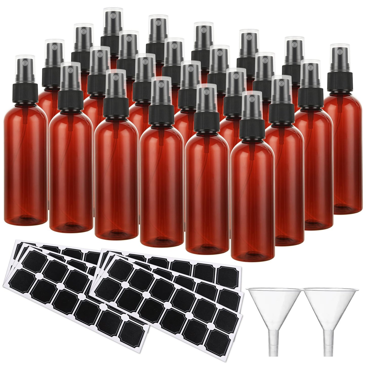 ABuff 60 Pack Plastic Spray Bottles 4oz Small Empty Fine Mist Spray Bottles Amber Clear Bottles for Essential Oils, Bath, Beauty, Hair & Cleaning, Small Spray Bottles for Travel, With 10 Funnels