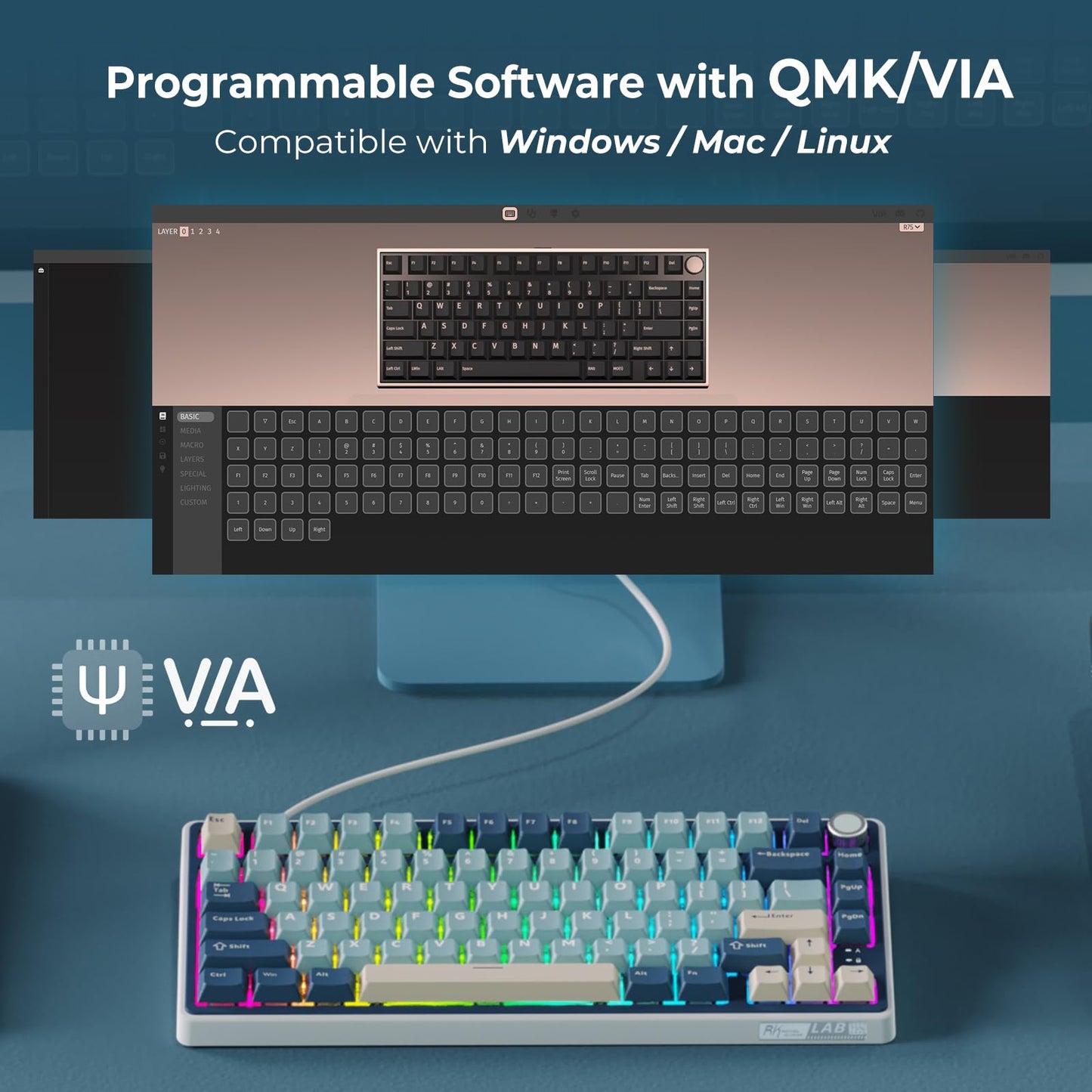 RK ROYAL KLUDGE R75 Wireless Mechanical Keyboard, 75% Percent Custom Gaming Keyboard Gasket Mount RGB Backlit with Knob & PBT Keycaps, BT5.1/2.4GHz/USB-C, Hot Swappable Cream Switch