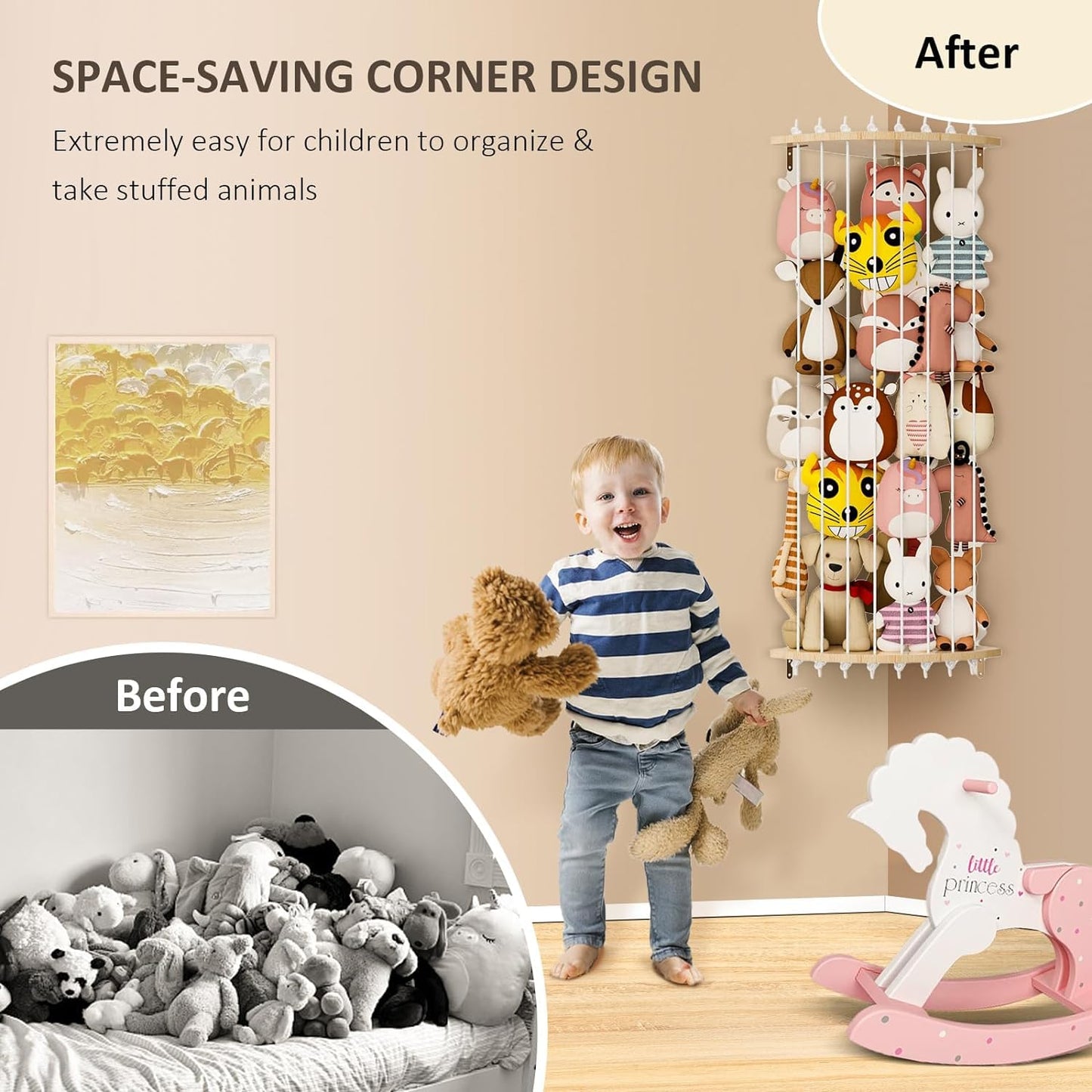 Wood Stuffed Animal Storage Corner Cage, Large Stuffed Animal Holder with Led Light & Adjustable Length, Nursery Wall Hanging Plush Toy Stuffed Animal Zoo Organizer for Kids Room Bedroom