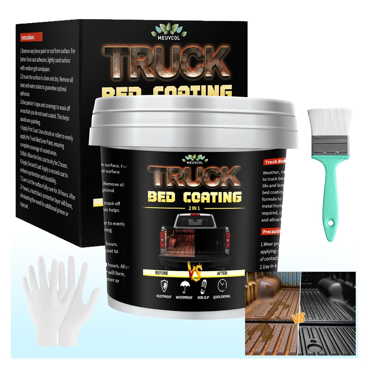Meuvcol Truck Bed Liner Paint,35 Floz Black Truck Bed Coating Kit For Truck Bed, Trailer, Rust Resistant Roll On Bed Liner Coating With Brush & Gloves,Easy Application & Long-Lasting Textured Paint