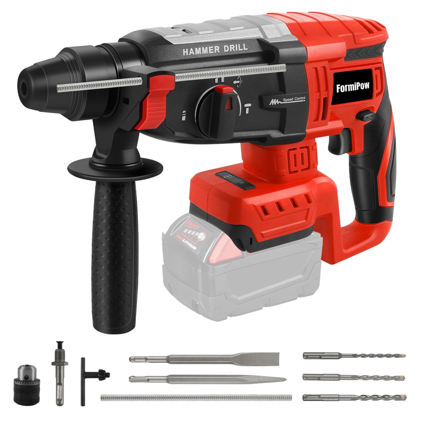 FormiPow SDS-Plus Rotary Hammer Drill for Milwaukee M18 Battery, 2.6J Impact Brushless Hammer Drill, 4 Mode Operation, 360° Rotating Cordless Hammer Drills with 5 PCS Drill & Chisel Set (No Battery)