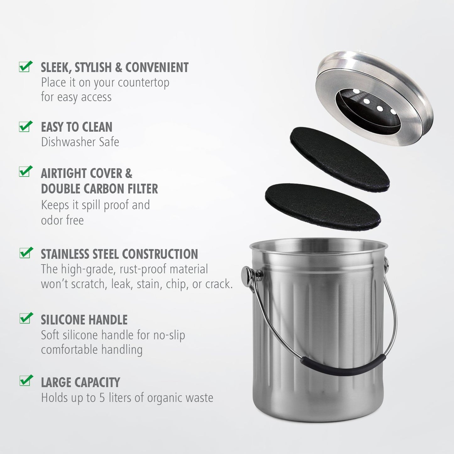 Leak Proof Stainless Steel Compost Bin 1.3 Gallon – Includes 4 Extra Free Filters