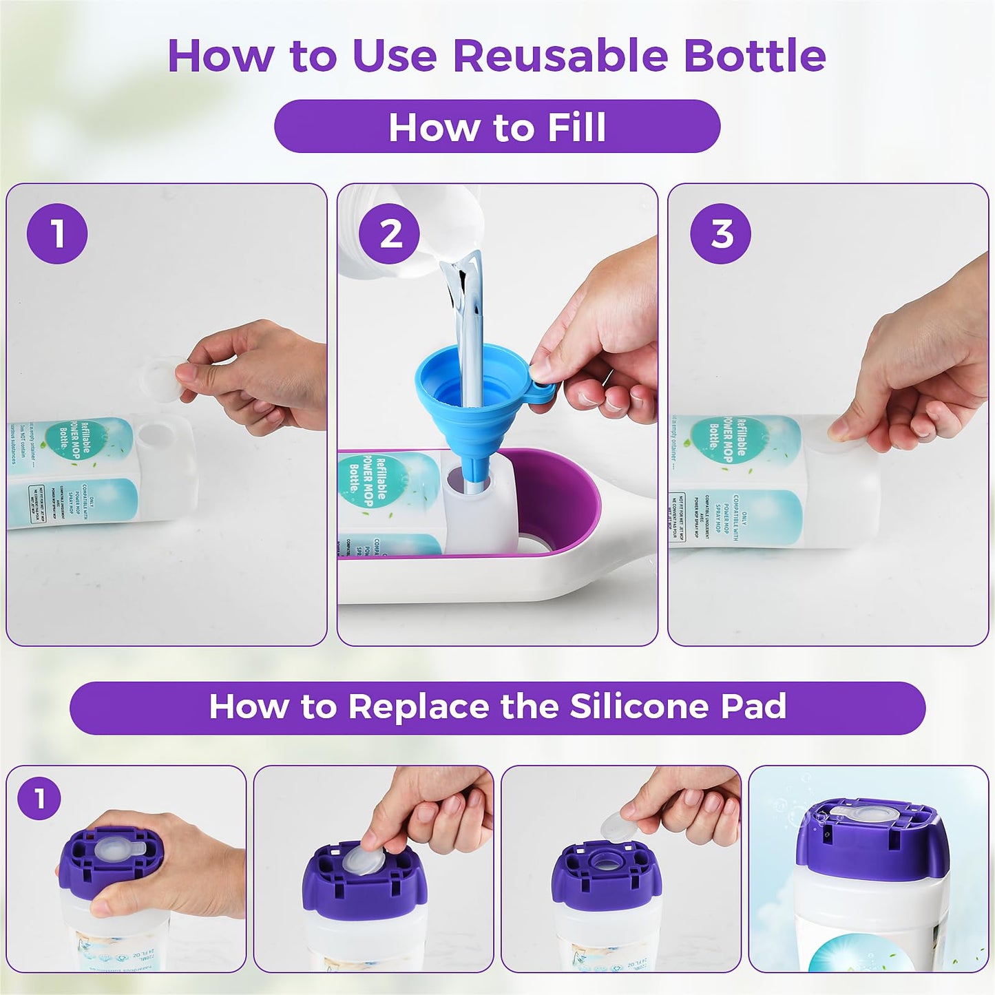 DrFlito Refillable Bottle Compatible with Swiffer Power Mop – 720ML / 24 FL.OZ Leak-Proof HDPE Reusable Solution Container with 7 Sealing Pads & 1 Folding Funnel, Use Any Liquid Cleaner,Empty