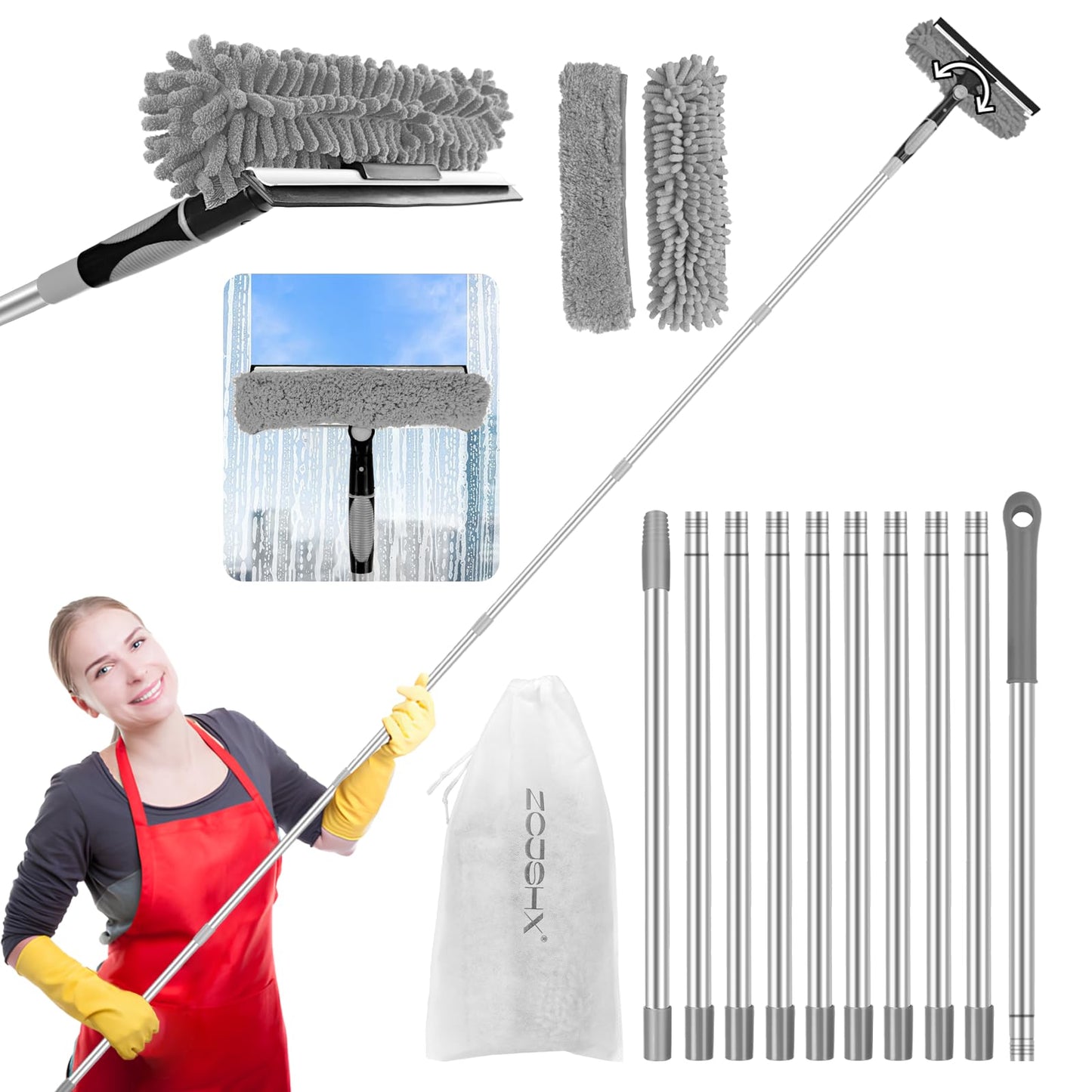 2-in-1 squeegee for window cleaning: 20+ Ft Long Reach cleaner tool with extension pole in home office commercial building Skylight Floor Ceiling Wall Dusting for Homeowner Car Enthusiast DIY Cleaners