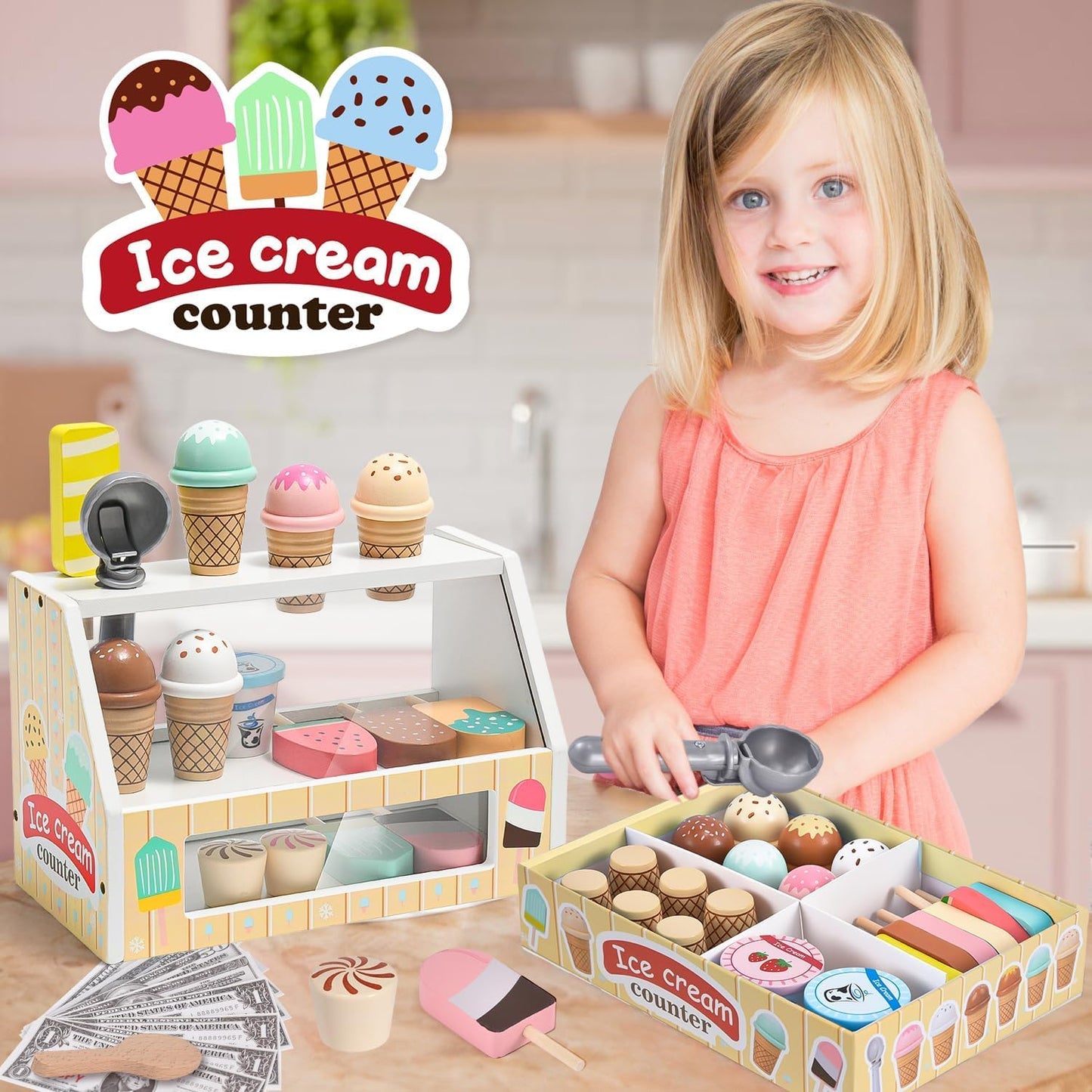 Wooden Ice Cream Toys Kids Pretend Play Store Toys for Toddlers Girls 3-5, Play Kitchen Accessories with Counter & Menu, Wooden Food Christmas Birthday Gifts for 3 4 5 Year Old Girls Boys