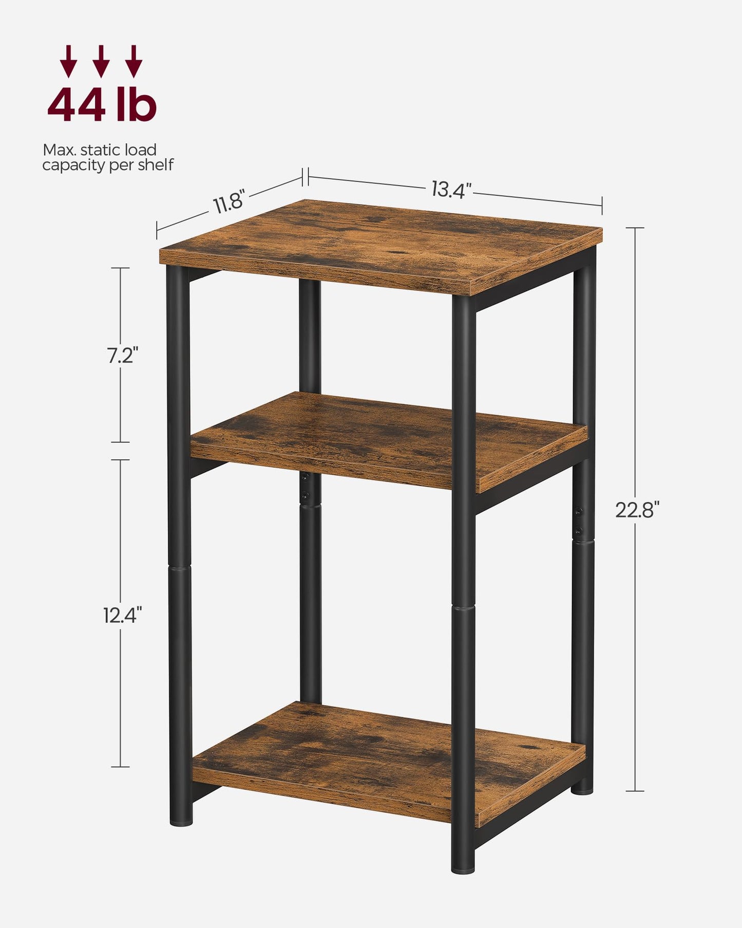 VASAGLE Side Table, End Table with Storage Shelves, 3-Tier Slim Tall Table, Rustic Brown ULET273B01