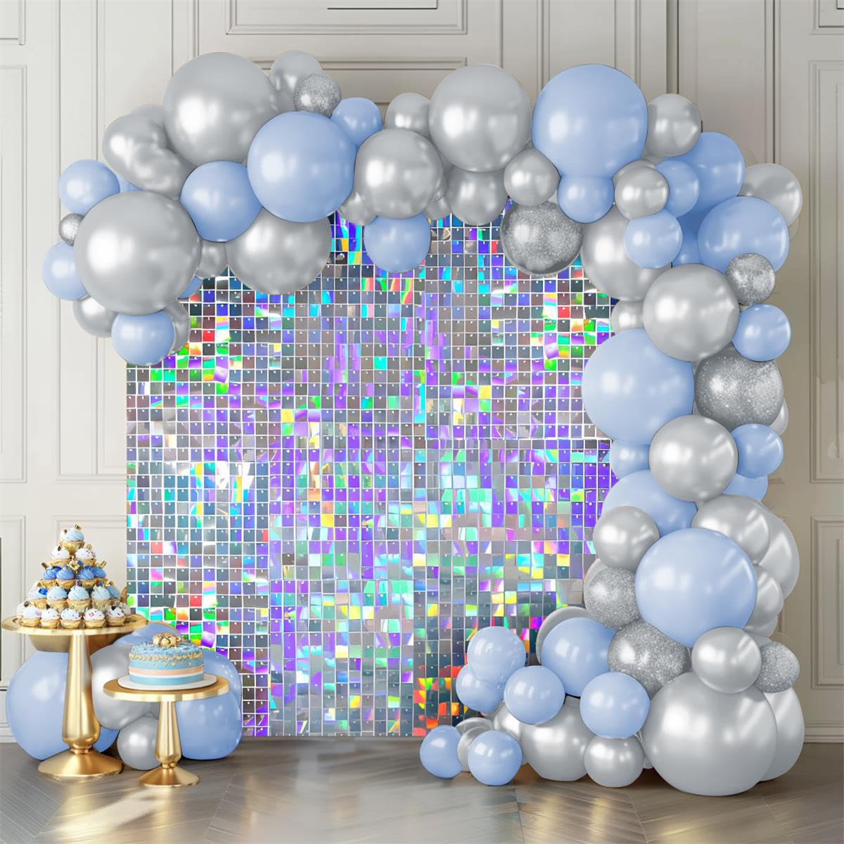 Shimmer Wall Backdrop Iridescent Silver Wall Panels 12Pcs Square Sequin Shimmer Wall Backdrop Decoration for Birthday Party,Wedding, Anniversary