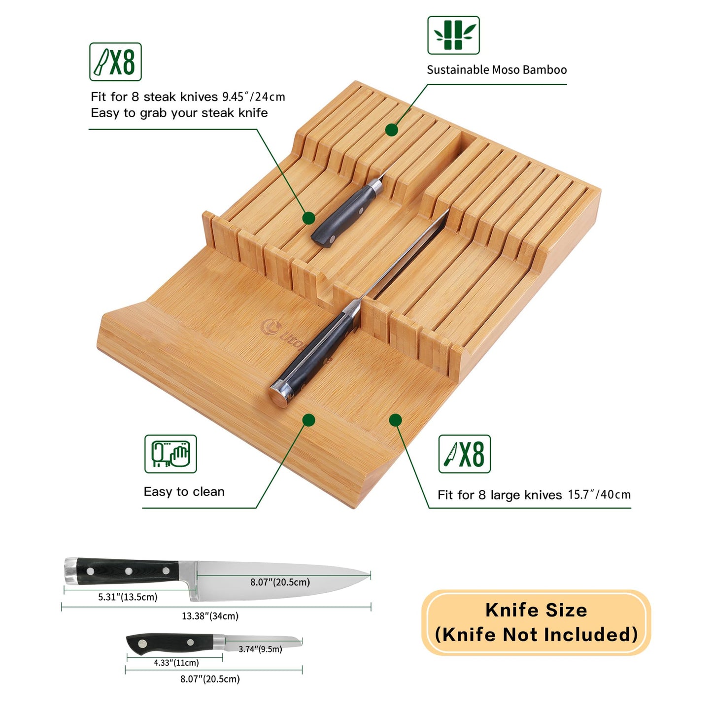 Utoplike in-Drawer Knife Block Bamboo Kitchen Knife Drawer Organizer,Large Handle Steak Knife Holder Without Knives, fit for 16 Knives and 1 Sharpening Steel (16 Knife Organizer)