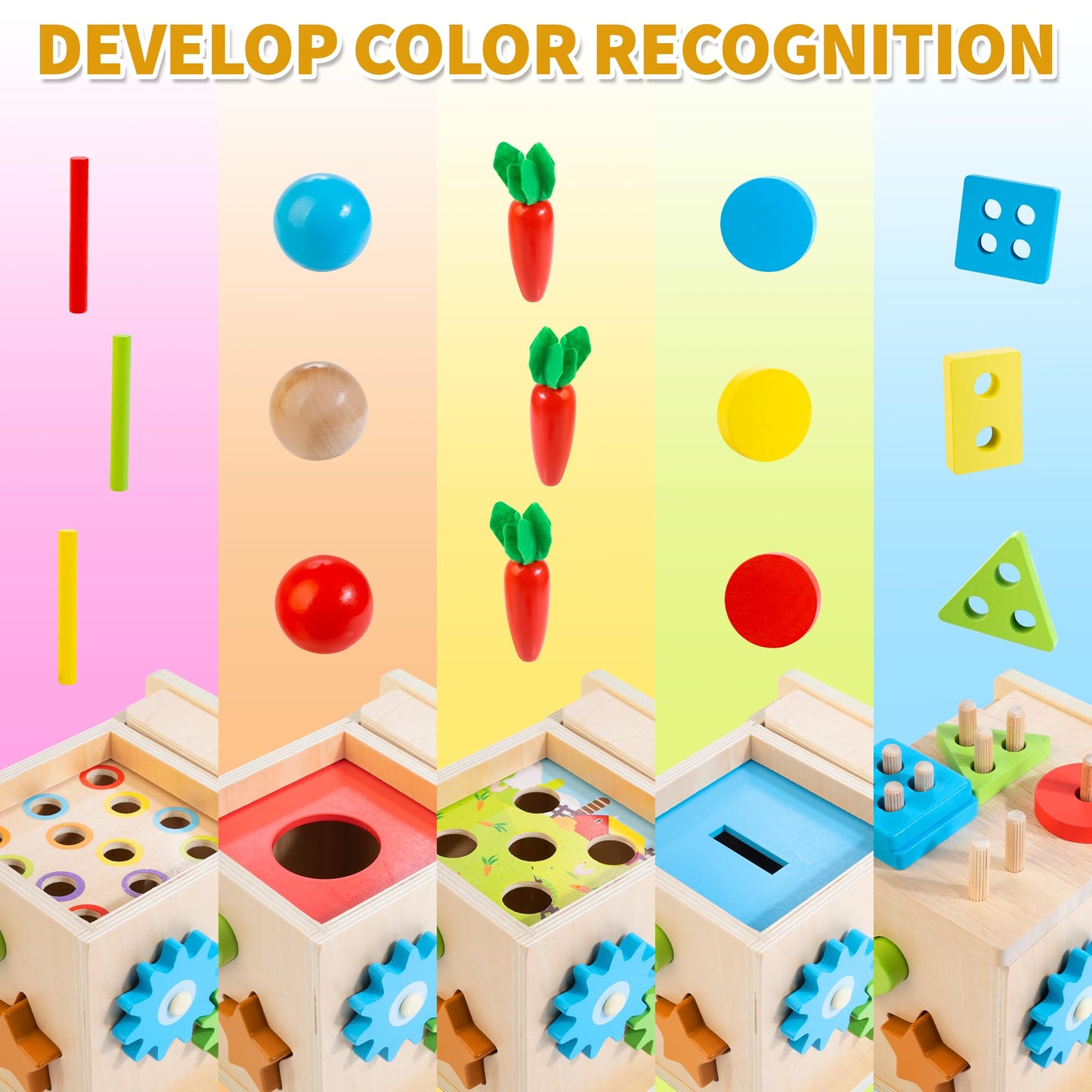 Kizfarm Educational Montessori Toys for 1 2 Year Old, Include Object Permanence Box, Magnetic Worm Game, Carrot Harvest Toy, Coin Drop Toy, Developmental Montessori Toys for Babies