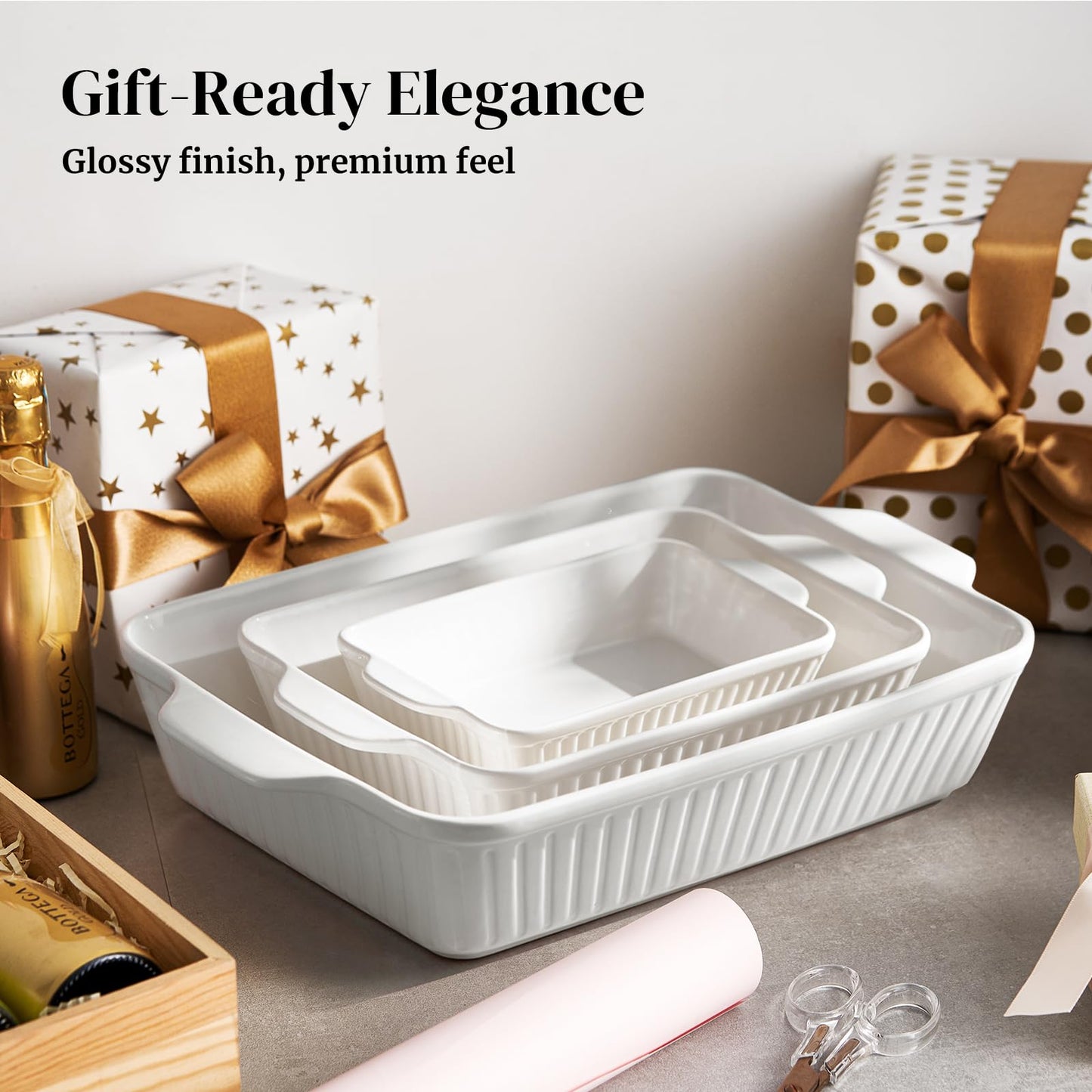 DOWAN Casserole Dishes for Oven, Baking Dishes Set, Ceramic Bakeware Sets of 3, Lasagna Pan Deep, Rectangular Baking Pan Set with Handles for Baking, Casserole, Kitchen, Wedding Gift, Soft White (15.6