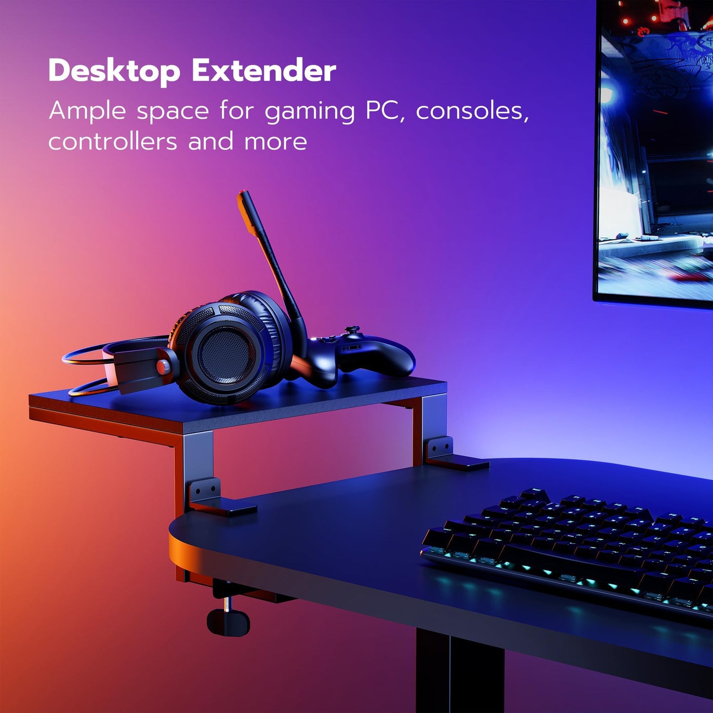 ARES WING 3 in 1 Versatile Clamp on Desk Shelf, 15 inches Desk Extender Shelves, Heavy Duty Desktop Organizer for Gaming and Office Accessories, Black