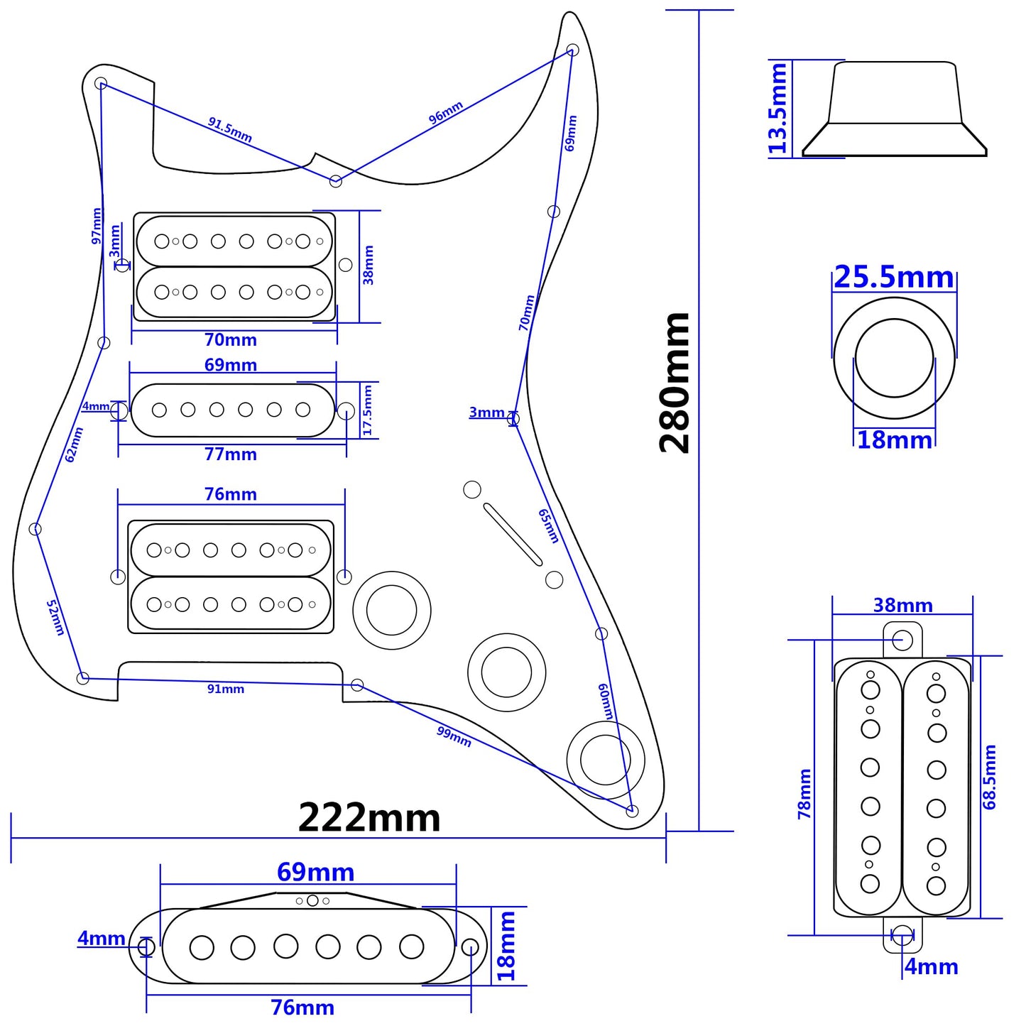 Yootones 3Ply HSH 11 Hole Loaded Prewired Pickguard w/Alnico 5 Humbucker (2) Single-Coil (1) Pickups Compatible with Strat Fender Squier Guitar (Black)