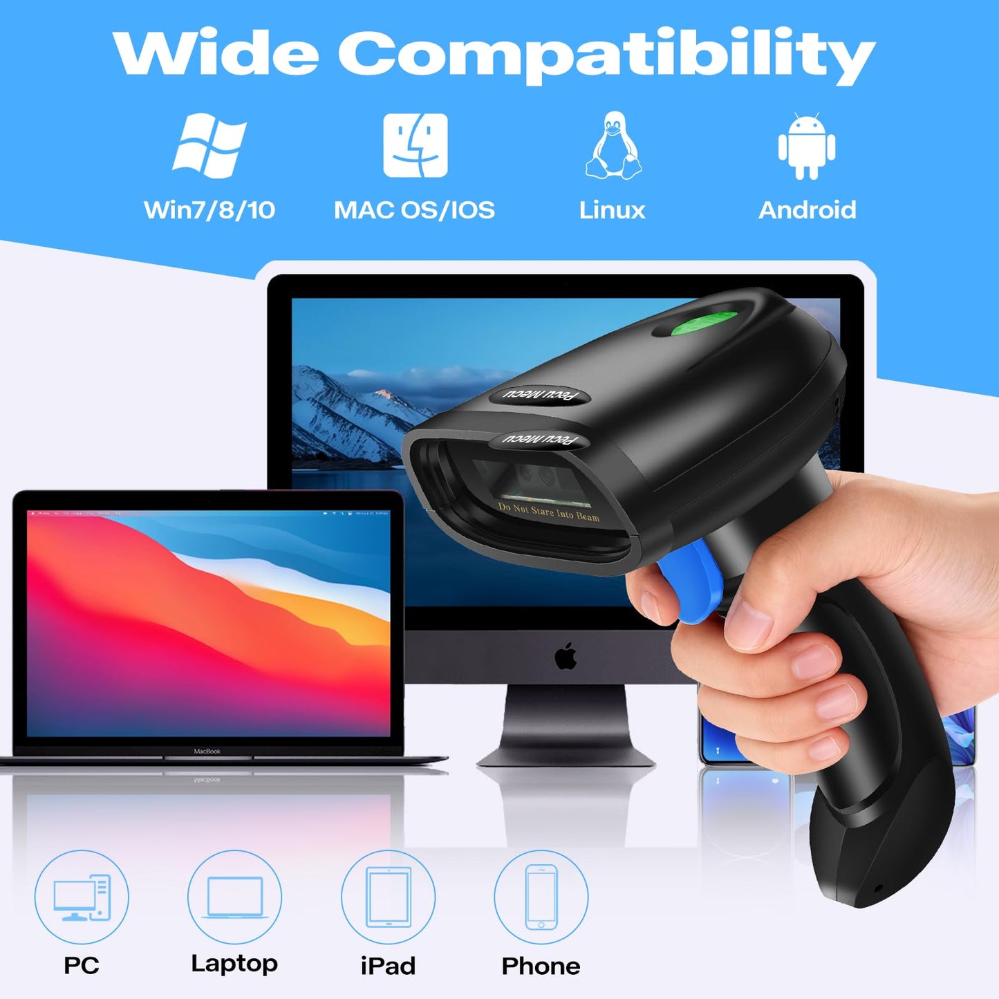 PecuMceu Bluetooth 1D&2D Barcode Scanner, 3-in-1 Bluetooth & USB Wired & 2.4G Wireless QR Barcode Reader, PDF417 Data Matrix Handheld Bar Code Scanner Work with Windows, Android, iOS (TM-10B)