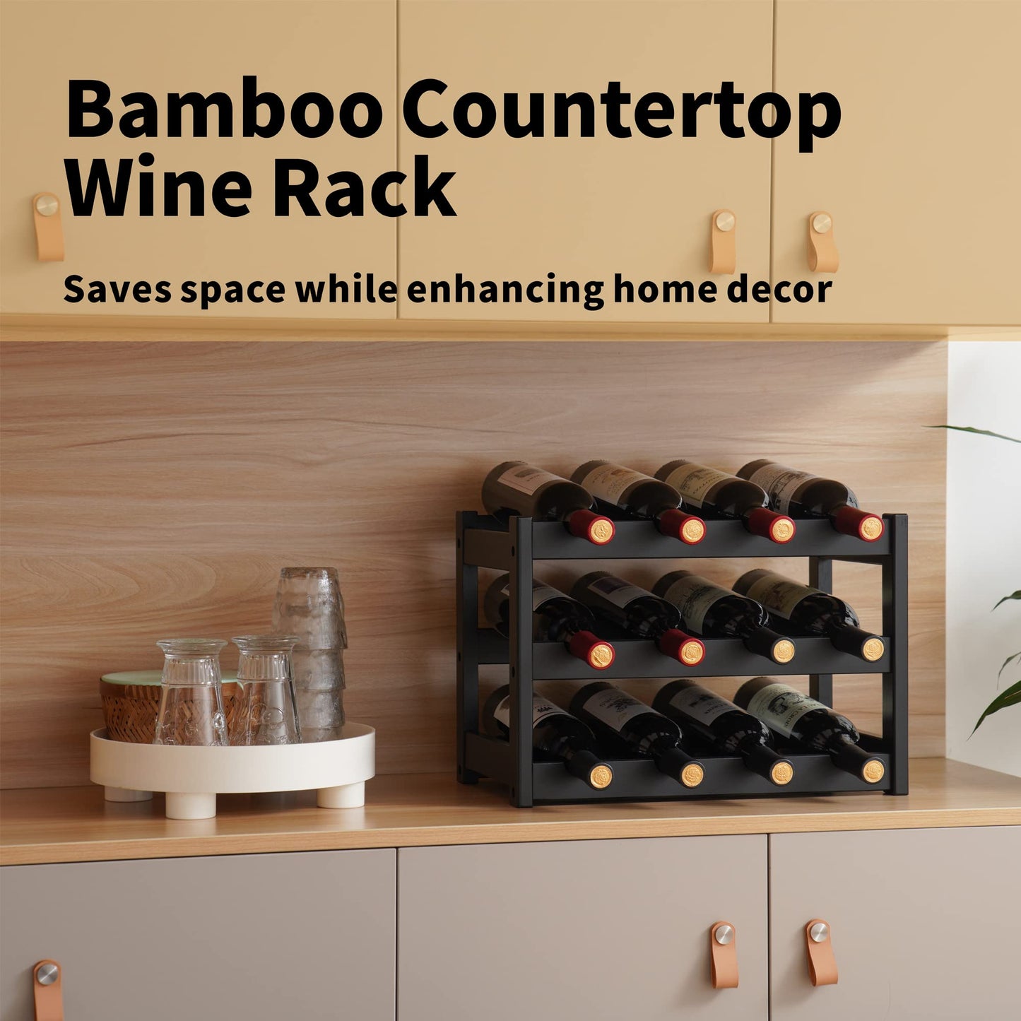 VASMIA Bamboo Wine Rack, Sturdy and Durable Wine Storage Cabinet Shelf, Wine Racks Countertop for Pantry,Kitchen,3-Tier 12 Bottles Wine Rack,Black
