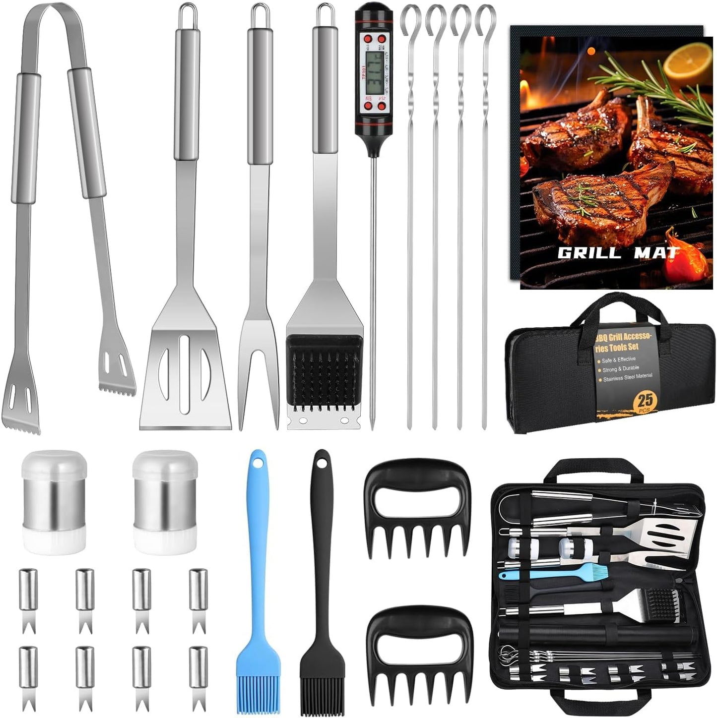 25 PCS BBQ Grill Accessories Tools Set, Stainless Steel Grilling Accessories Kit with Storage Case for Indoor & Outdoor Use, BBQ Utensils Set for Camping, Kitchen, Party, Backyard Barbecue (25 PCS)