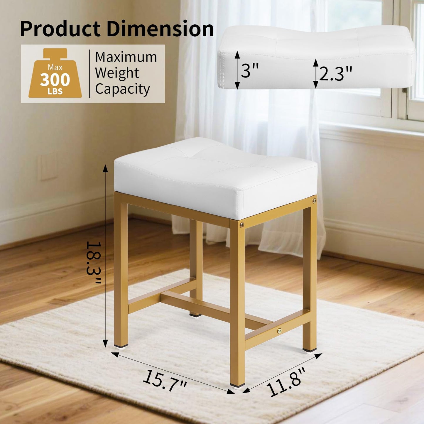 Saddle Seat Vanity Stool, Makeup Stool Chair with Metal Leg, U-Shaped PU Ottoman Foot Rest Stool, Small Square Chairs Under Desk for Vanity, Living Room, Bedroom, Modern Makeup Bench White&Gold