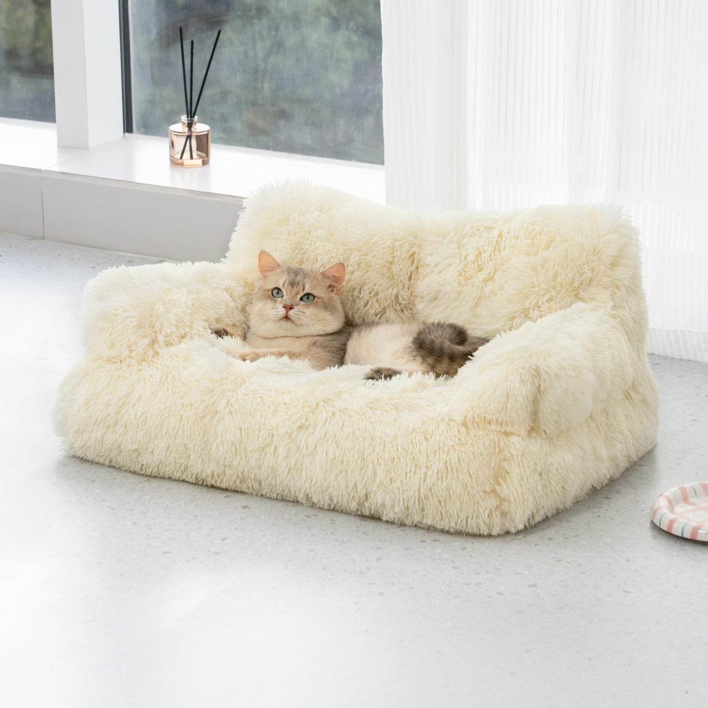 Pet Bed for Medium Small Cats and Dogs, Washable Puppy Sleeping Bed Cat Couch Pet Sofa Bed, Soft Calming Cat Sofa Beds for Indoor Cats Anti-Slip Bottom (Beige)