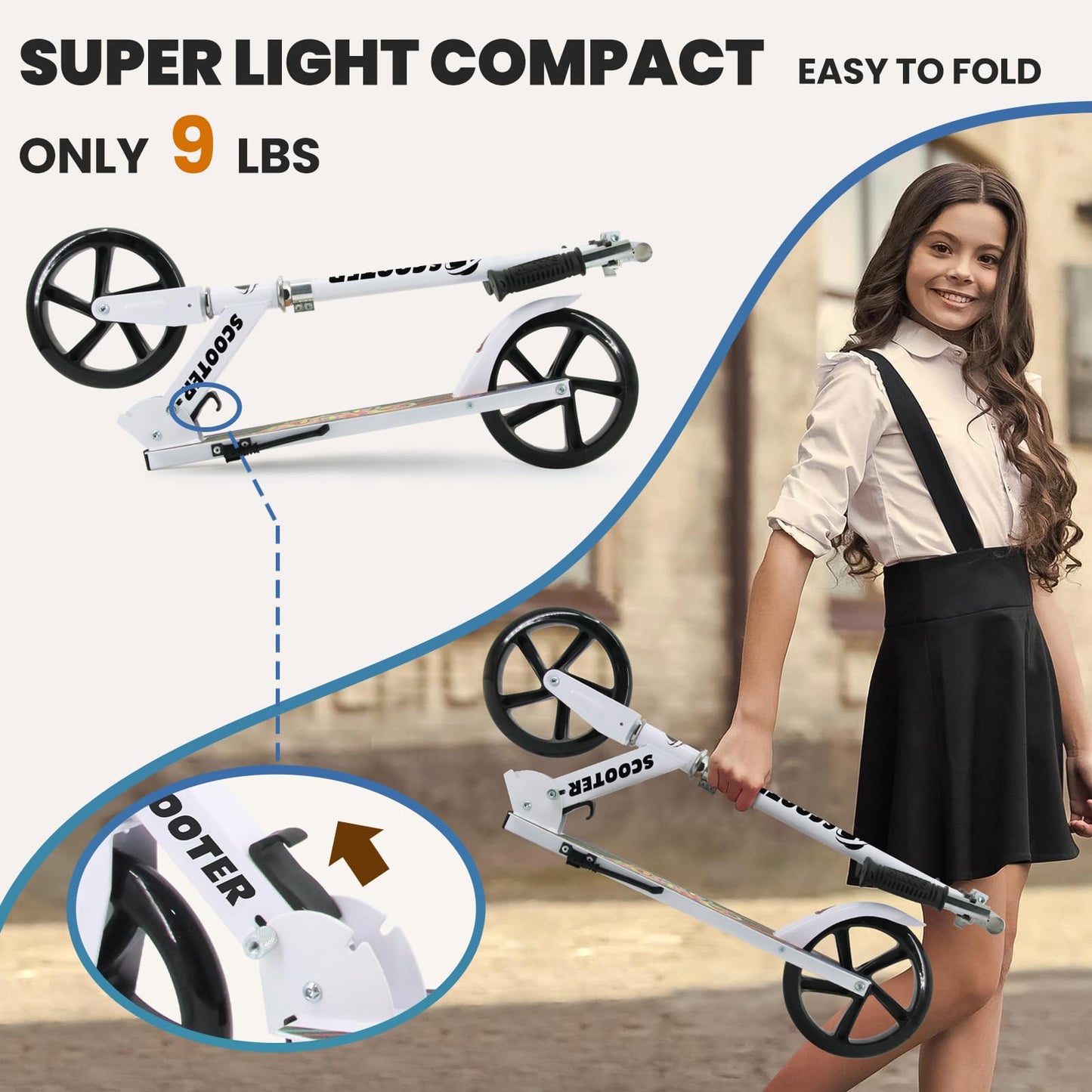 Leefleuy Folding Big Wheel Scooter for Kids Ages 6+,3 Adjustable Levels and Kick Stand,Kids Scooter Age 8-12,City Scooter for Teens & Adults 11-15 (White)