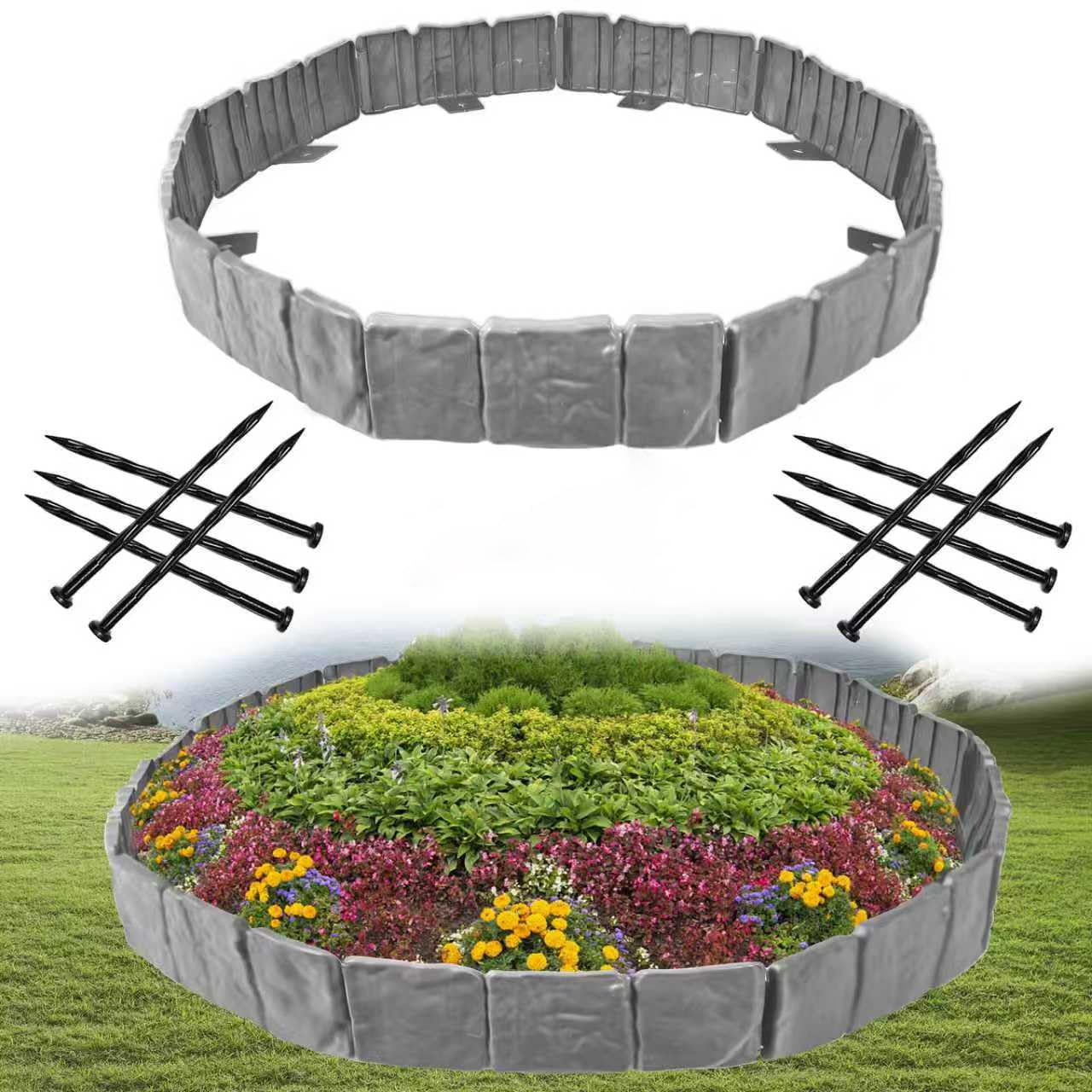 KBJALQ Garden Edging Border with Anchoring Spikes,Plastic Landscape Edging Border Imitation Stone Fence for DIY Outdoor Yard Landscaping (40, Gray)