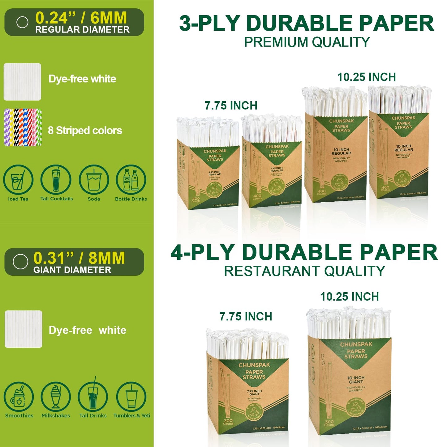 Chunspak Individually Wrapped Disposable Paper Drinking Straws 7.75'' x 0.24'' - Assorted Colors [400 Counts]