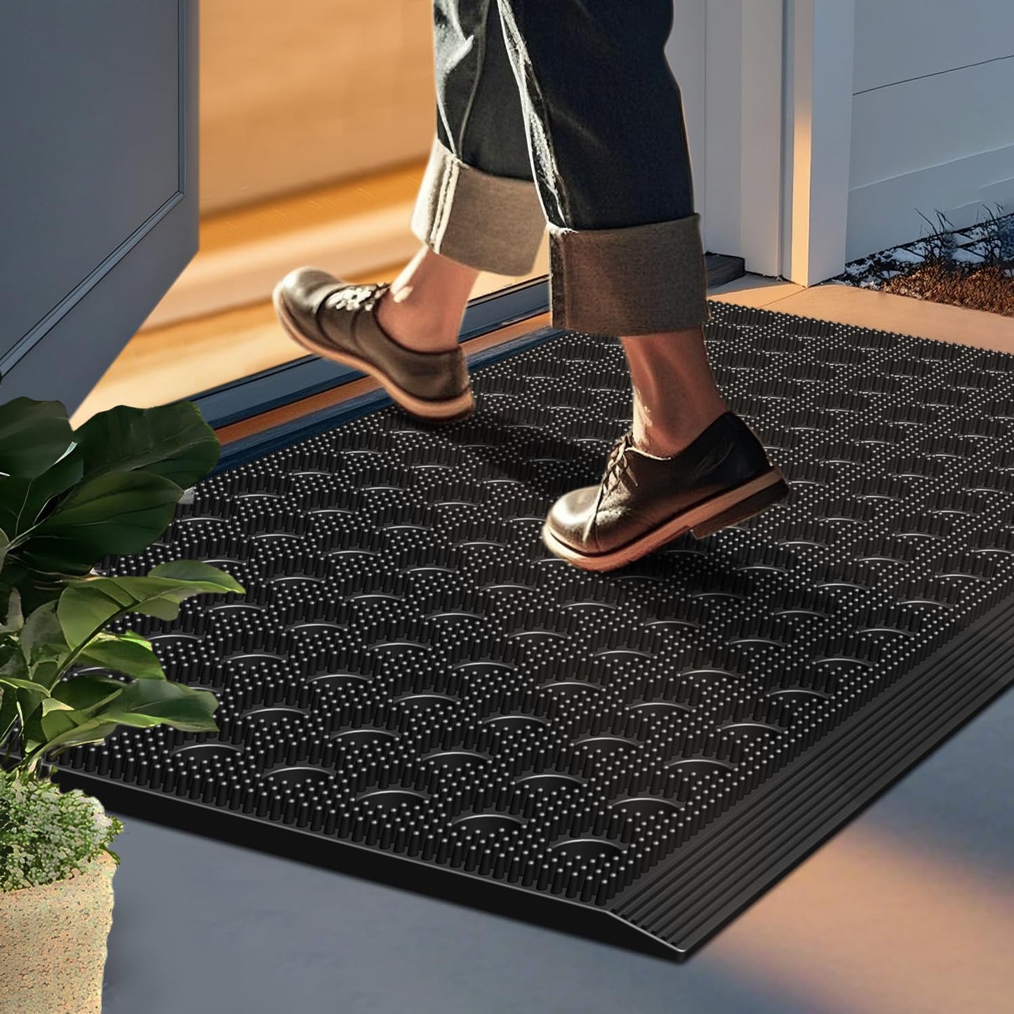 Mibao Front Door Mat, Heavy Duty All Weather Dirt Trapping Waterproof Non-Slip Drainage Welcome Entrance Doormats, Mud Mat for Garage Home Pool Entry Commercial, 29.5" x 17", Black