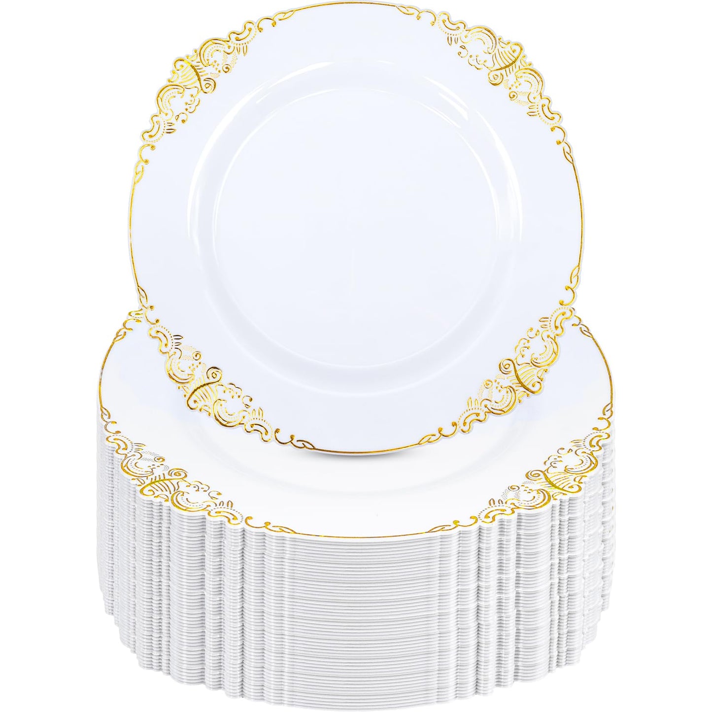 100 Pcs White Plastic Plates with Gold Rims, 7.5" Round Plastic Dessert Plates, Elegant Salad Plates for Cakes, Appetizers, Desserts, Snacks, Fruits, Gathering Supplies