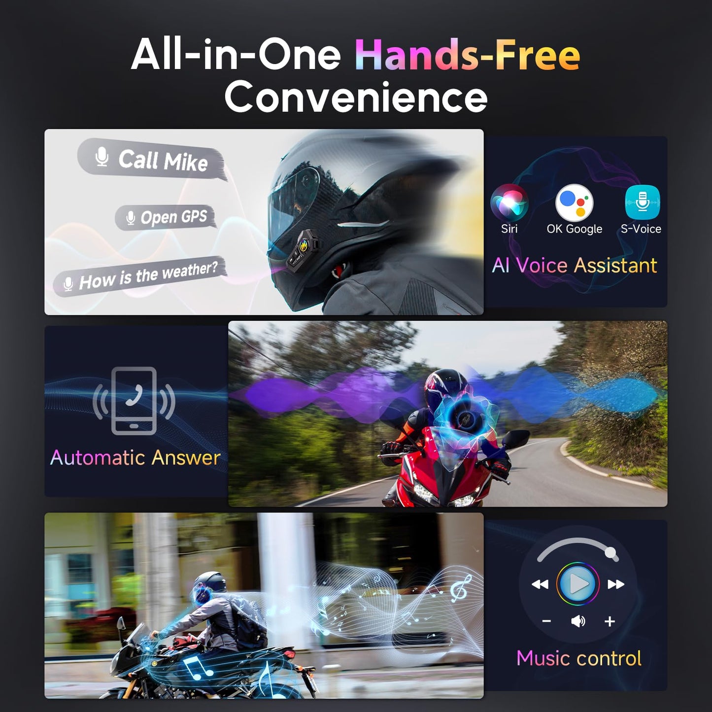 Motorcycle Helmet Headset, Moman RS-H4P Motorbike Helmet Speakers Dual Noise Reduction【New Upgrade】in Battery/RGB/Glove-Friendly Button/AI Voice/FM with 2 Mics Earphone for All Helmets and Solo Riding
