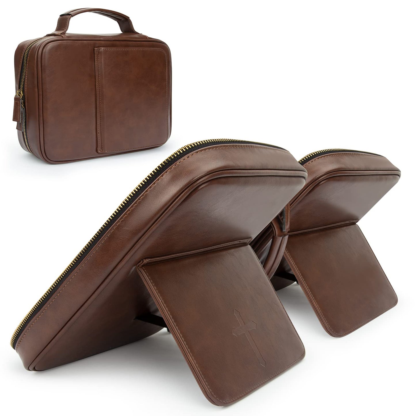 CITYCHASE Bible Covers for Men & Women, Bible Case Carrying Church Bag with Book Stand, Bible Bag with Handle, Zipper and Multi-Pockets for Scripture Study Bible Protector (Dark Brown Leather)