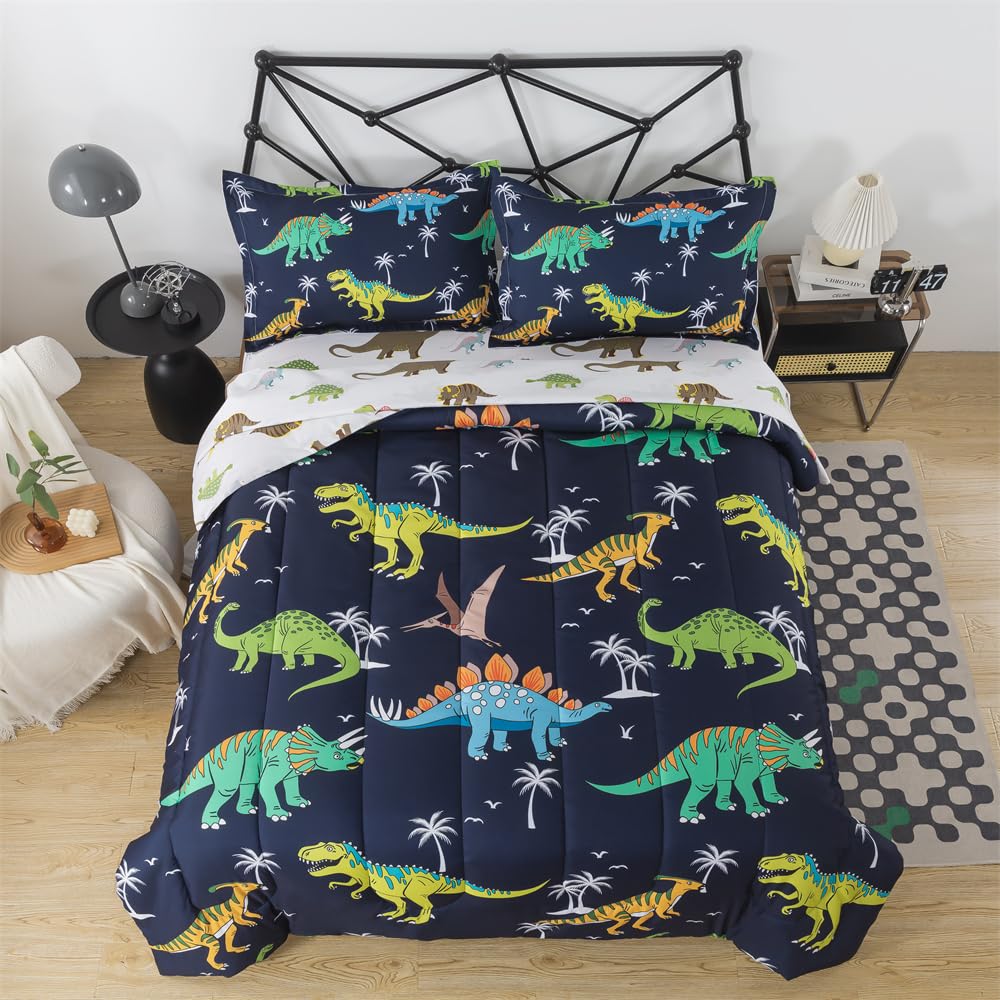lishjekee 5 Pieces Dinosaur Comforter Twin for Kids Jungle Dinosaurs Bedding Set Bed in A Bag for Boys T-Rex Dino Comforter and Sheets Set for Teens Animal Bed Sets Home Decor