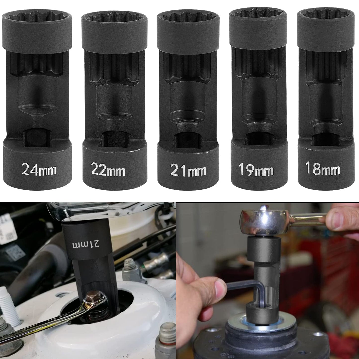 5pcs Strut Nut Socket 18mm 19mm 21mm 22mm 24mm with 12 Point 1/2" Drive, Suspension Strut Nut Socket Tool Easy Remove Strut Nuts
